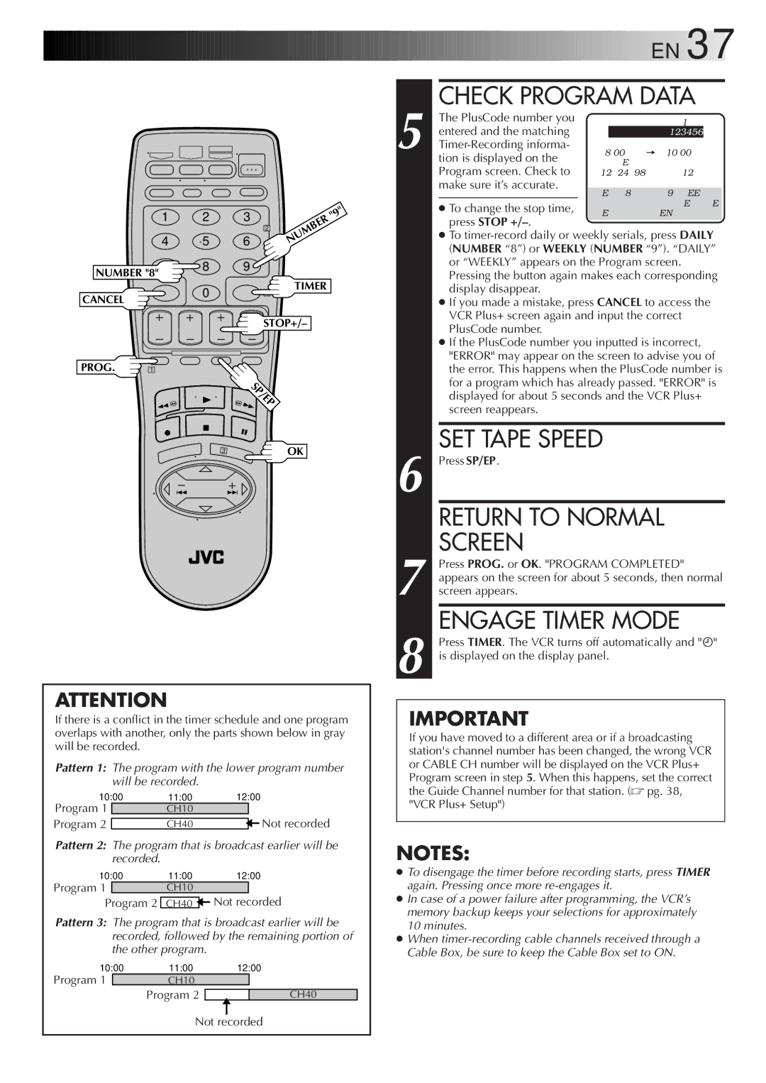 JVC HR-VP655U PlusCode number you, Entered and the matching, Timer-Recording informa, Tion is displayed on, Press Stop + 