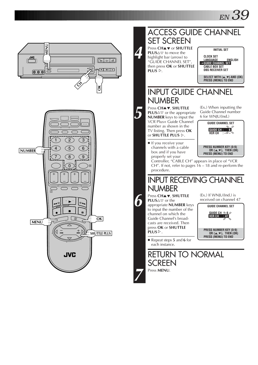 JVC HR-VP655U manual Access Guide Channel SET Screen, Press CH5, Shuttle 