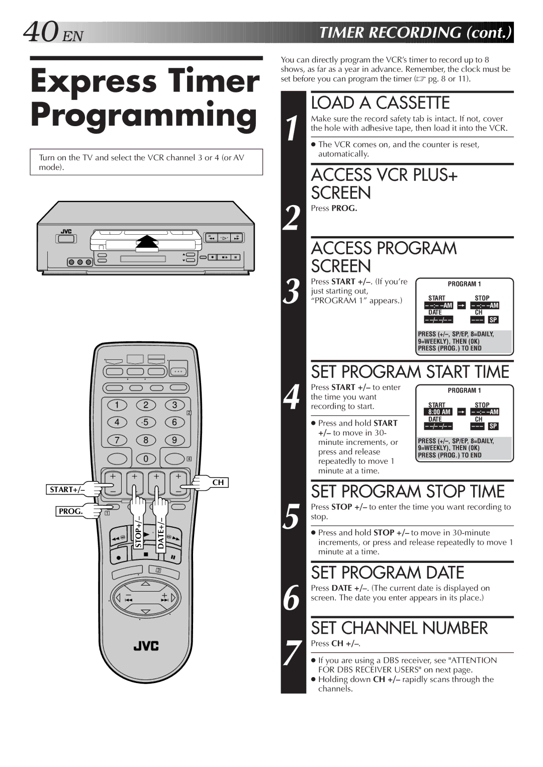 JVC HR-VP655U manual Express Timer Programming, SET Program Date, SET Channel Number 