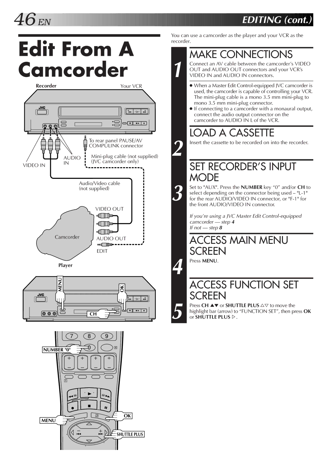 JVC HR-VP655U manual Edit From a Camcorder, SET RECORDER’S Input Mode, Access Function SET Screen 