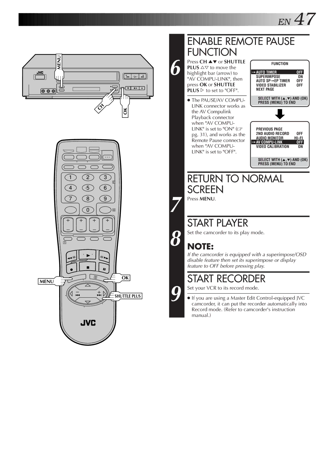 JVC HR-VP655U manual Enable Remote Pause Function, Set the camcorder to its play mode, Set your VCR to its record mode 