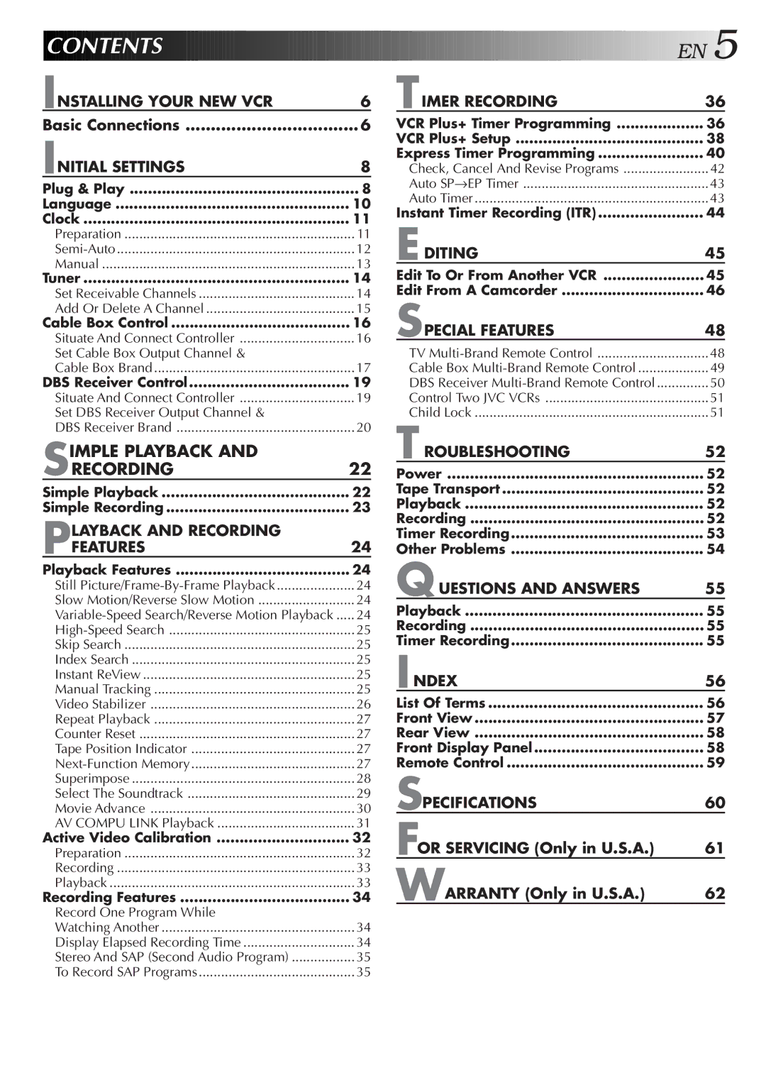 JVC HR-VP655U manual Contents 