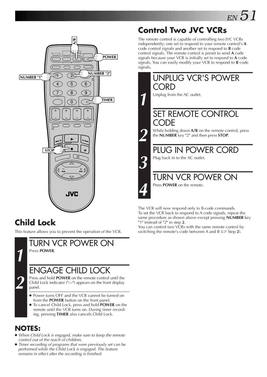 JVC HR-VP655U Unplug Vcrs Power, SET Remote Control, Code, Plug in Power Cord, Turn VCR Power on, Engage Child Lock 