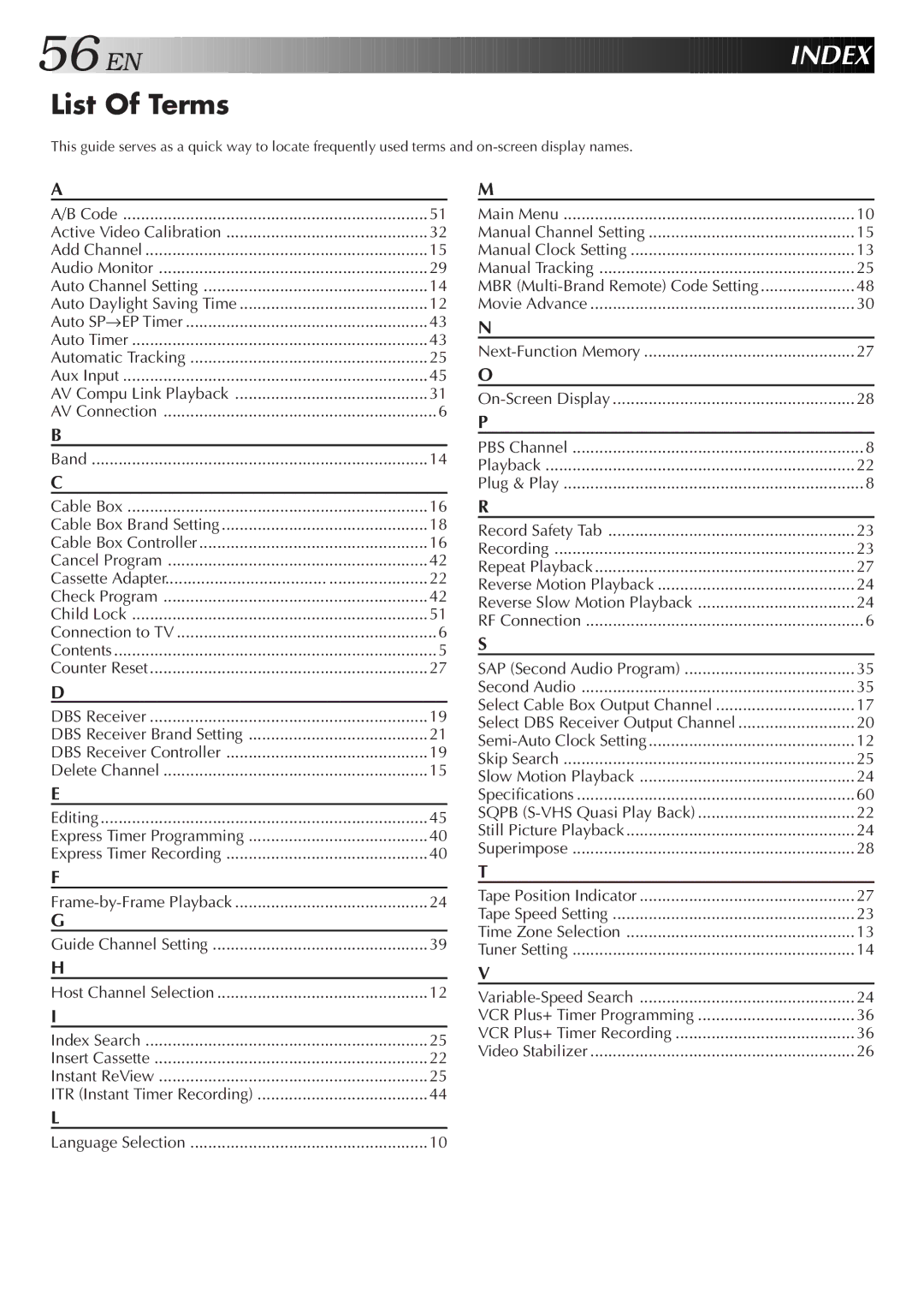 JVC HR-VP655U manual EN Index, List Of Terms, Express Timer Programming, MBR Multi-Brand Remote Code Setting 