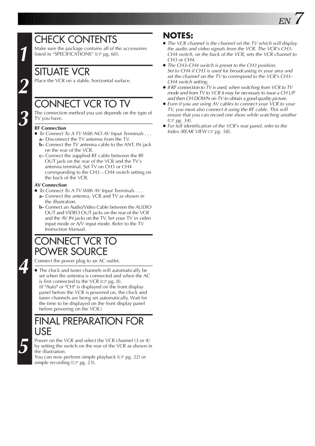 JVC HR-VP655U manual Check Contents, Situate VCR, Connect VCR to TV, Connect VCR to Power Source, Final Preparation for USE 