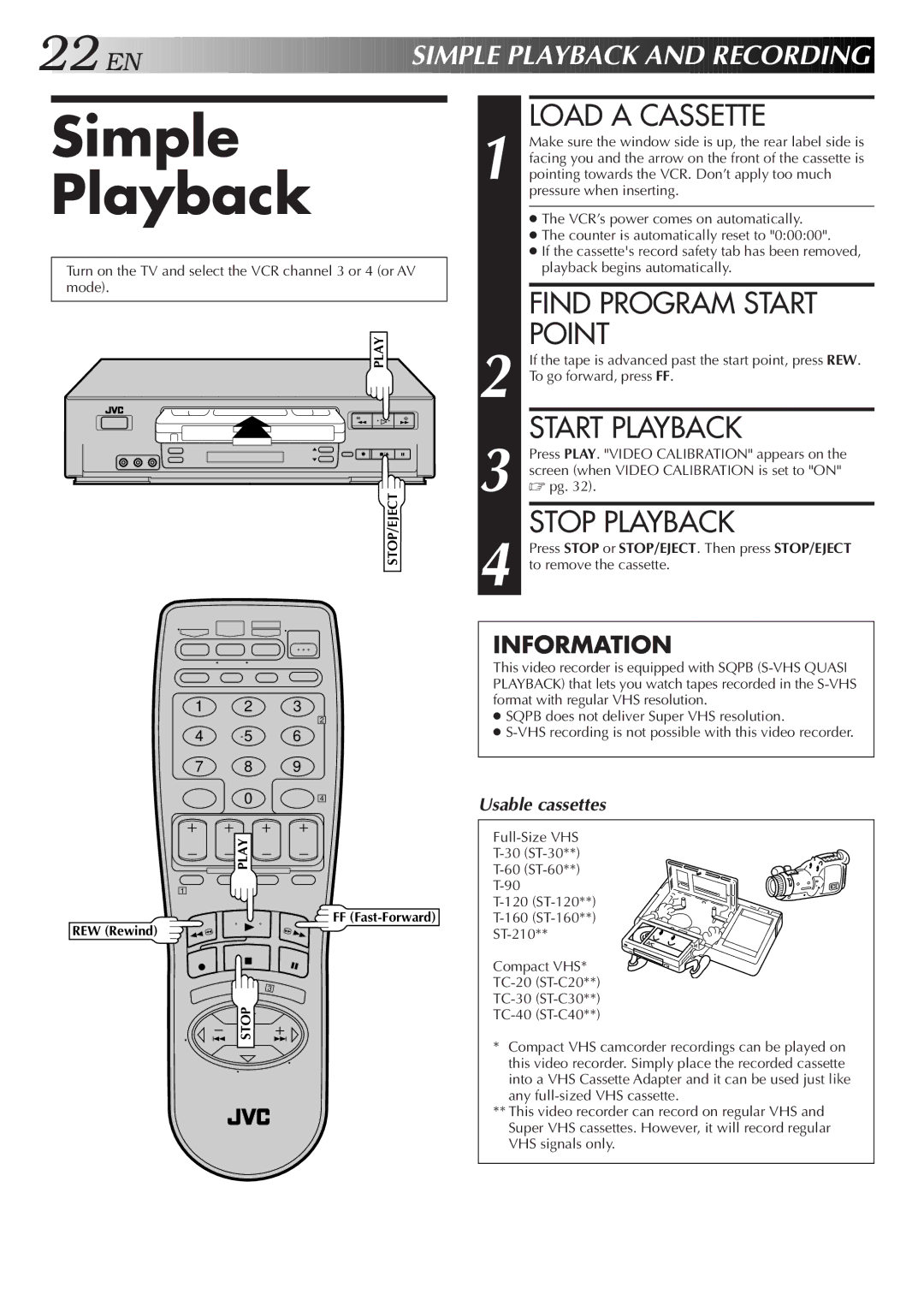 JVC HR-VP656U manual Simple Playback, Load a Cassette, Find Program Start Point, Start Playback, Stop Playback 