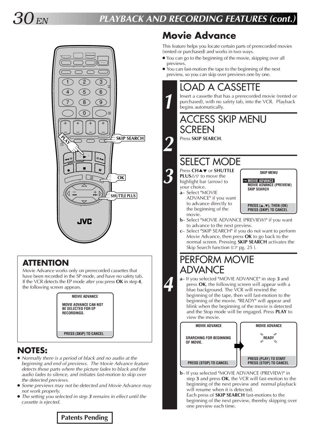 JVC HR-VP656U manual Access Skip Menu, Perform Movie, Movie Advance, Press Skip Search 