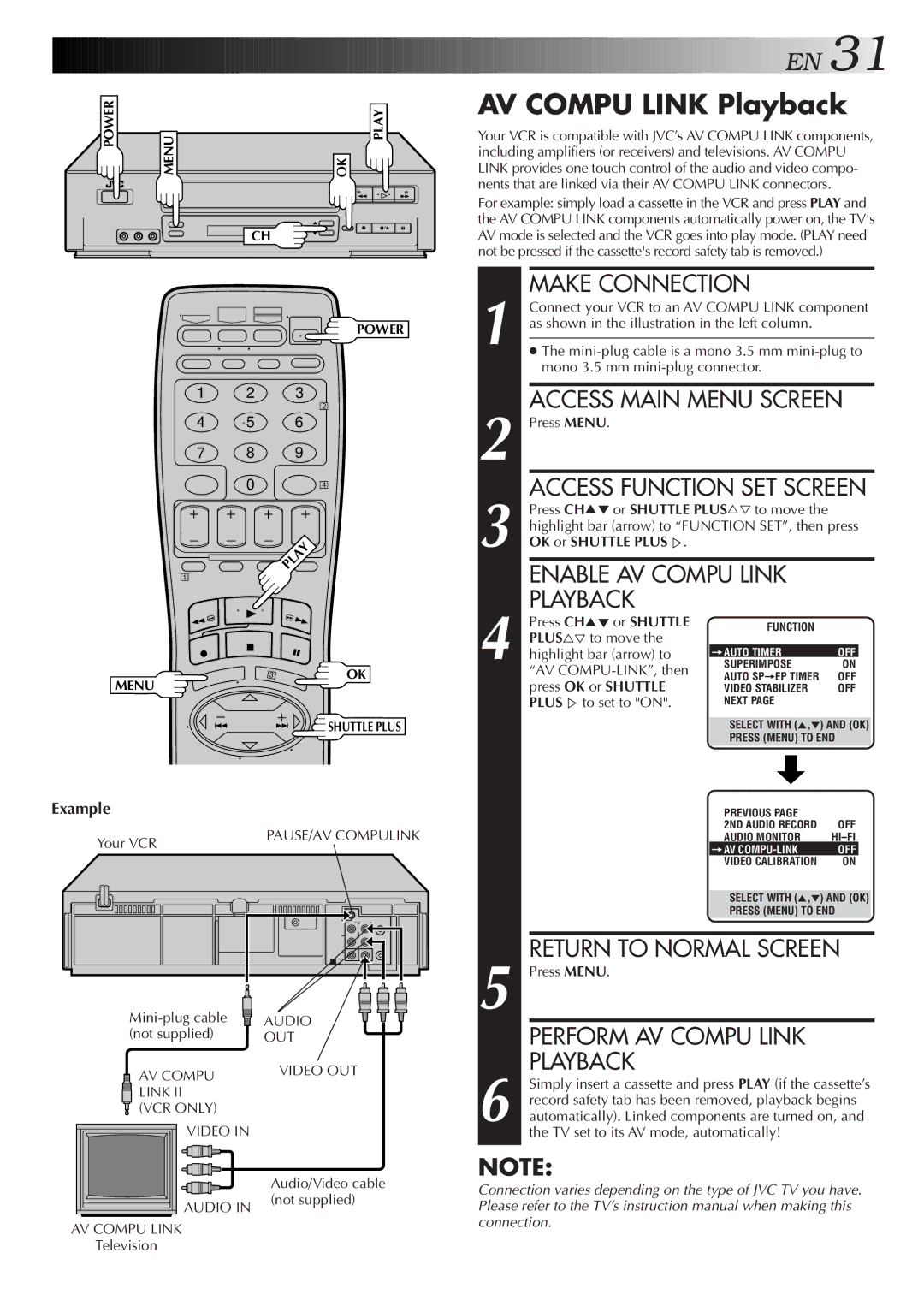 JVC HR-VP656U manual AV Compu Link Playback, Example, OK or Shuttle Plus % 