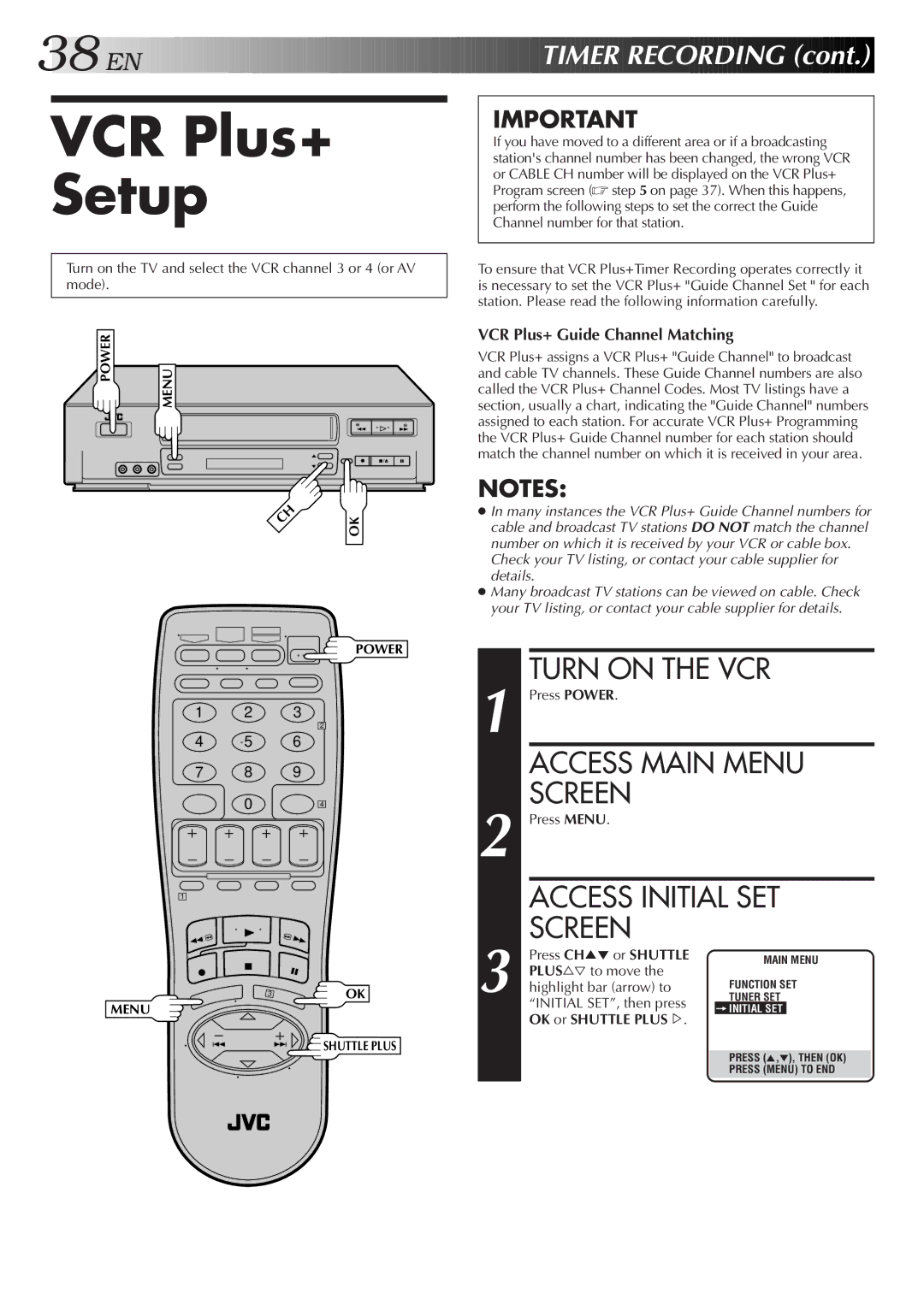 JVC HR-VP656U manual VCR Plus+ Setup, VCR Plus+ Guide Channel Matching, PLUS%Þ to move, Initial SET, then press 