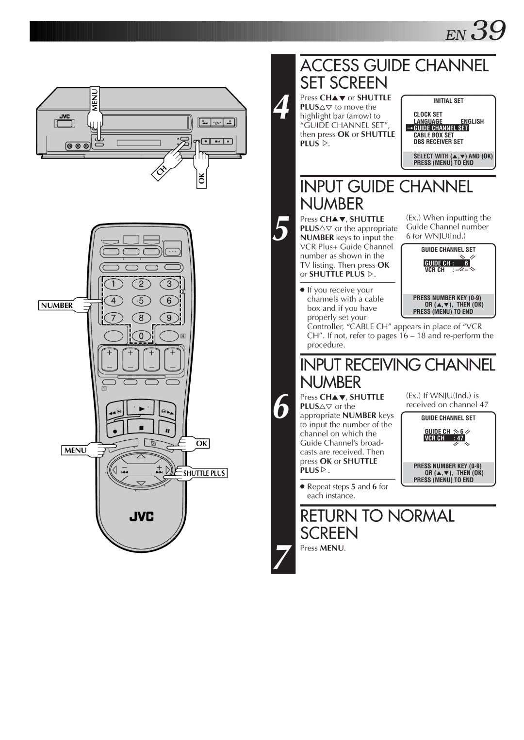 JVC HR-VP656U manual Access Guide Channel SET Screen, Press CH5, Shuttle 