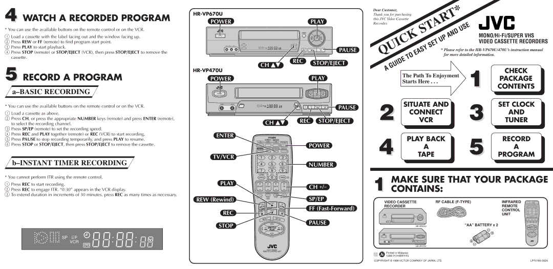 JVC HR-VP670U quick start Watch a Recorded Program, Record a Program, Make Sure That Your Package Contains 