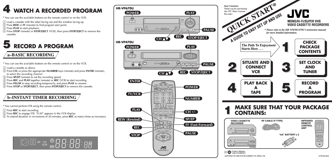 JVC HR-VP670U quick start Watch A Recorded Program, Record A Program, MAKE SURE THAT YOUR PACKAGE 1 CONTAINS, Starts Here 