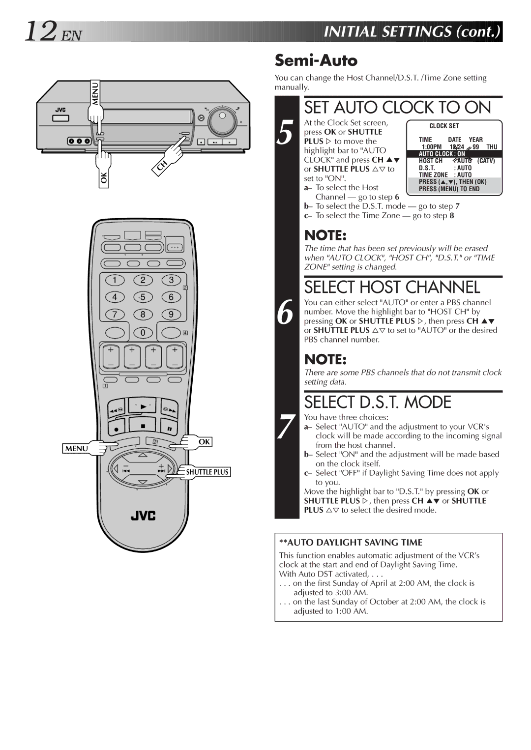 JVC HR-VP674U manual SET Auto Clock to on, Select Host Channel, Select D.S.T. Mode, Semi-Auto 