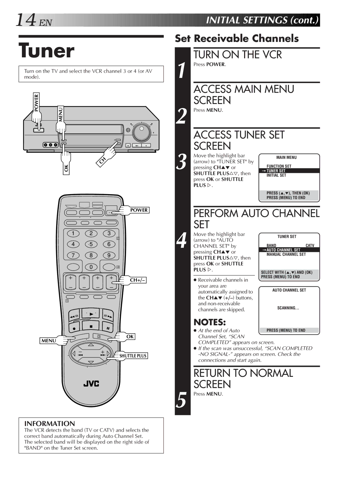 JVC HR-VP674U manual Access Main Menu Screen, Access Tuner SET Screen, Set Receivable Channels 