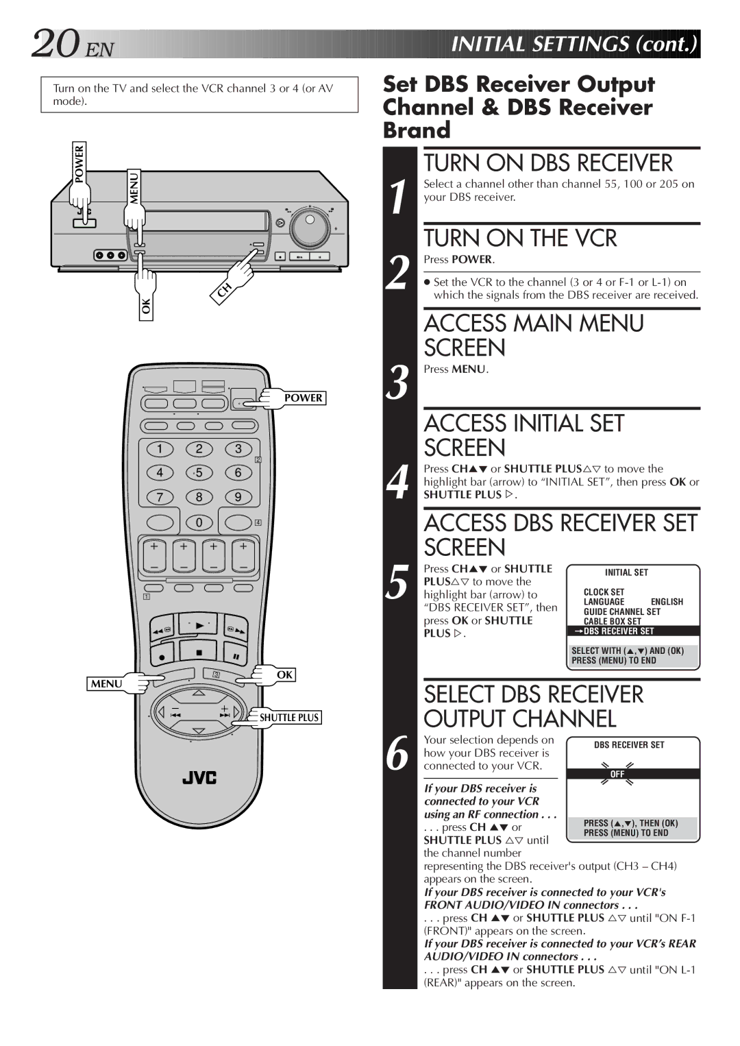 JVC HR-VP674U manual Turn on DBS Receiver, Select DBS Receiver, Output Channel 