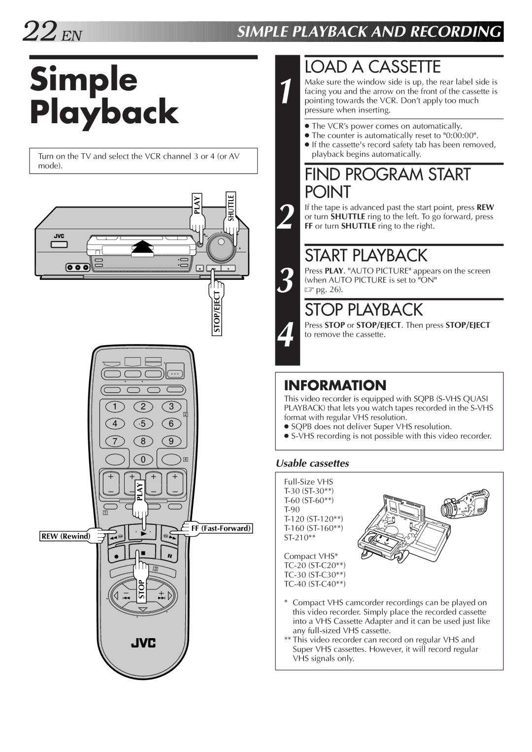 JVC HR-VP674U manual Simple Playback 