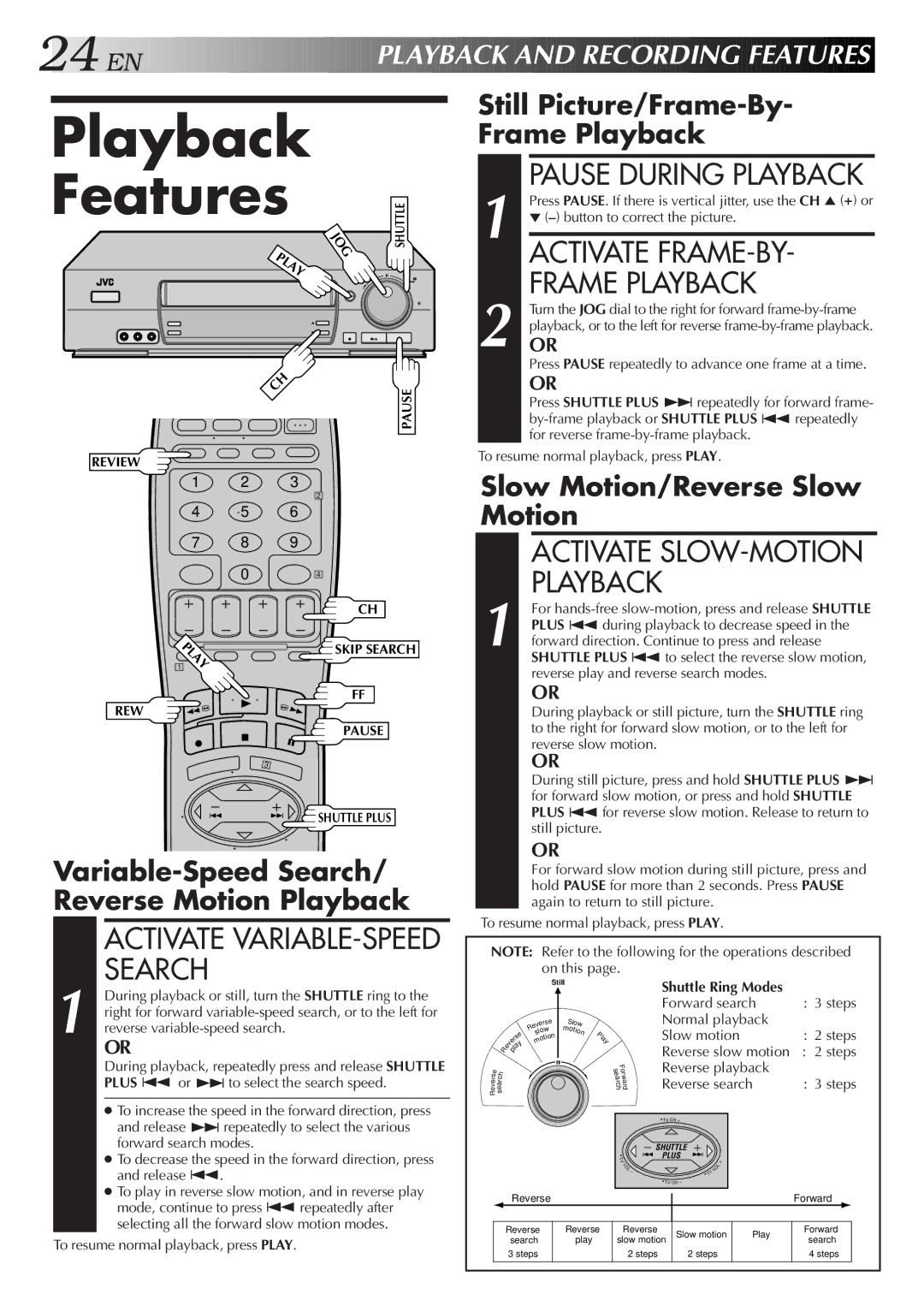 JVC HR-VP674U manual Playback Features, Activate FRAME-BY, Frame Playback, EN Playb a CK and Recording Feat Ures 