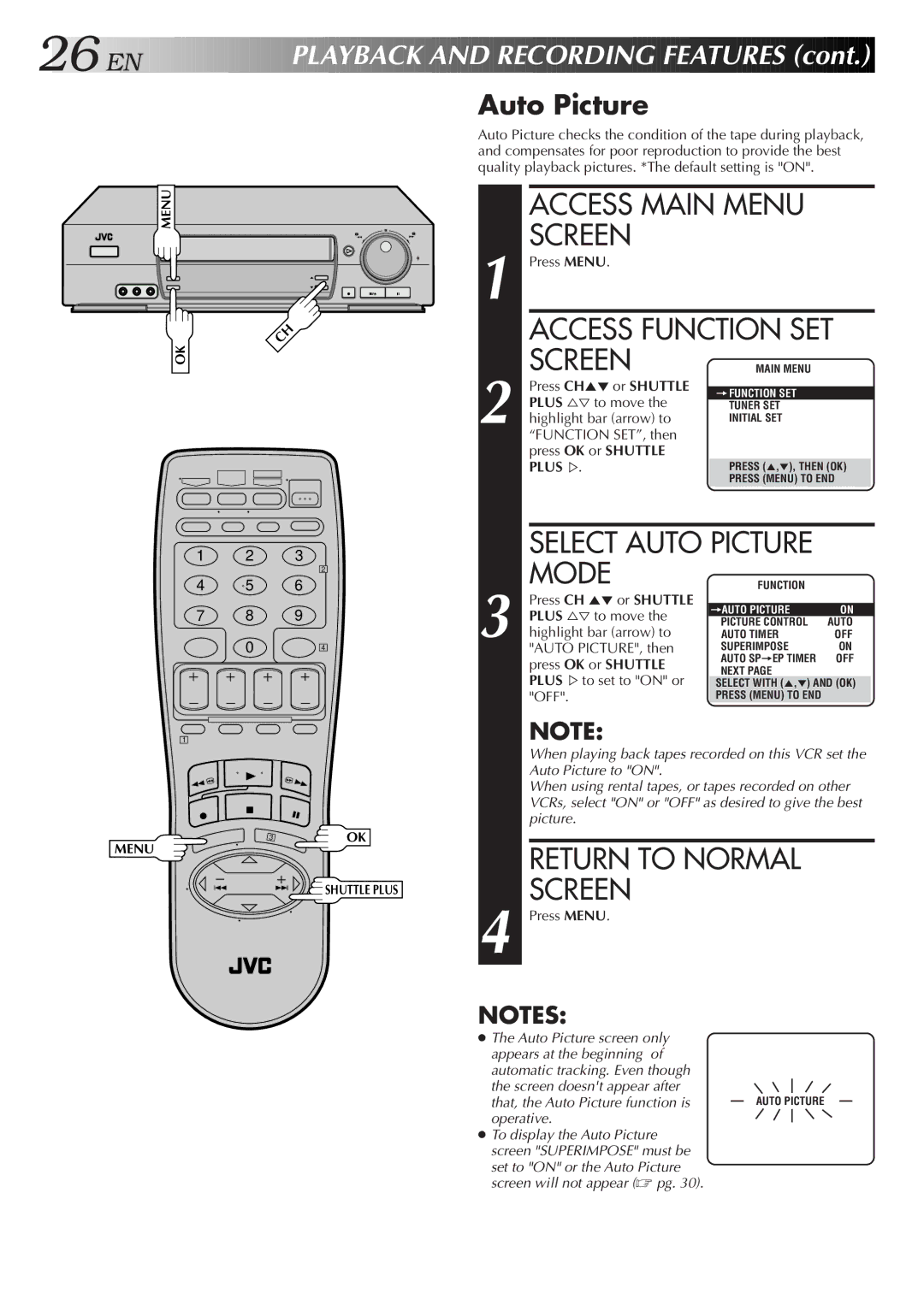 JVC HR-VP674U manual Access Function SET, Mode, Layback and Recording Features, Auto Picture 