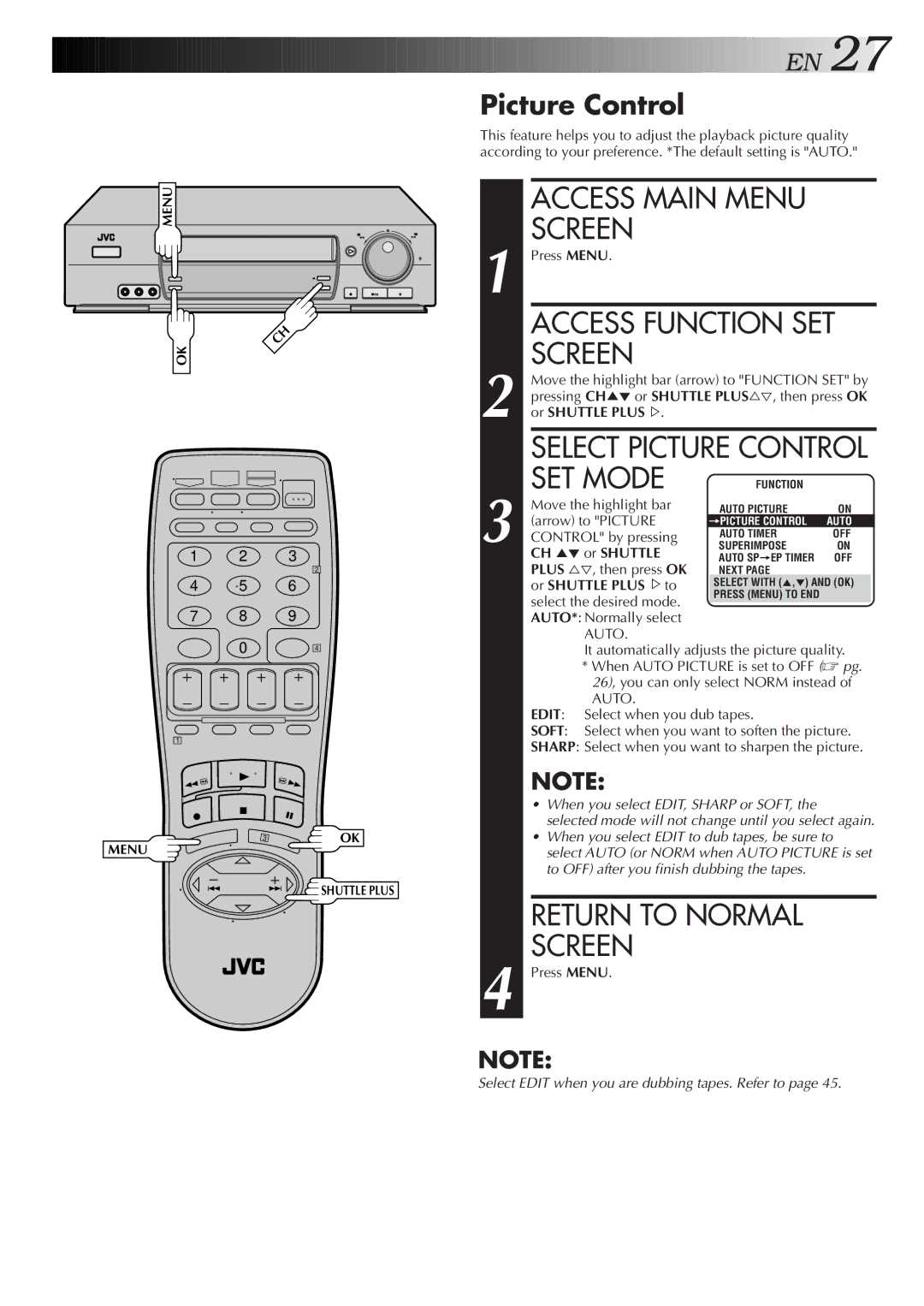 JVC HR-VP674U manual SET Mode, Picture Control, CH 5 or Shuttle, Or Shuttle Plus % to 