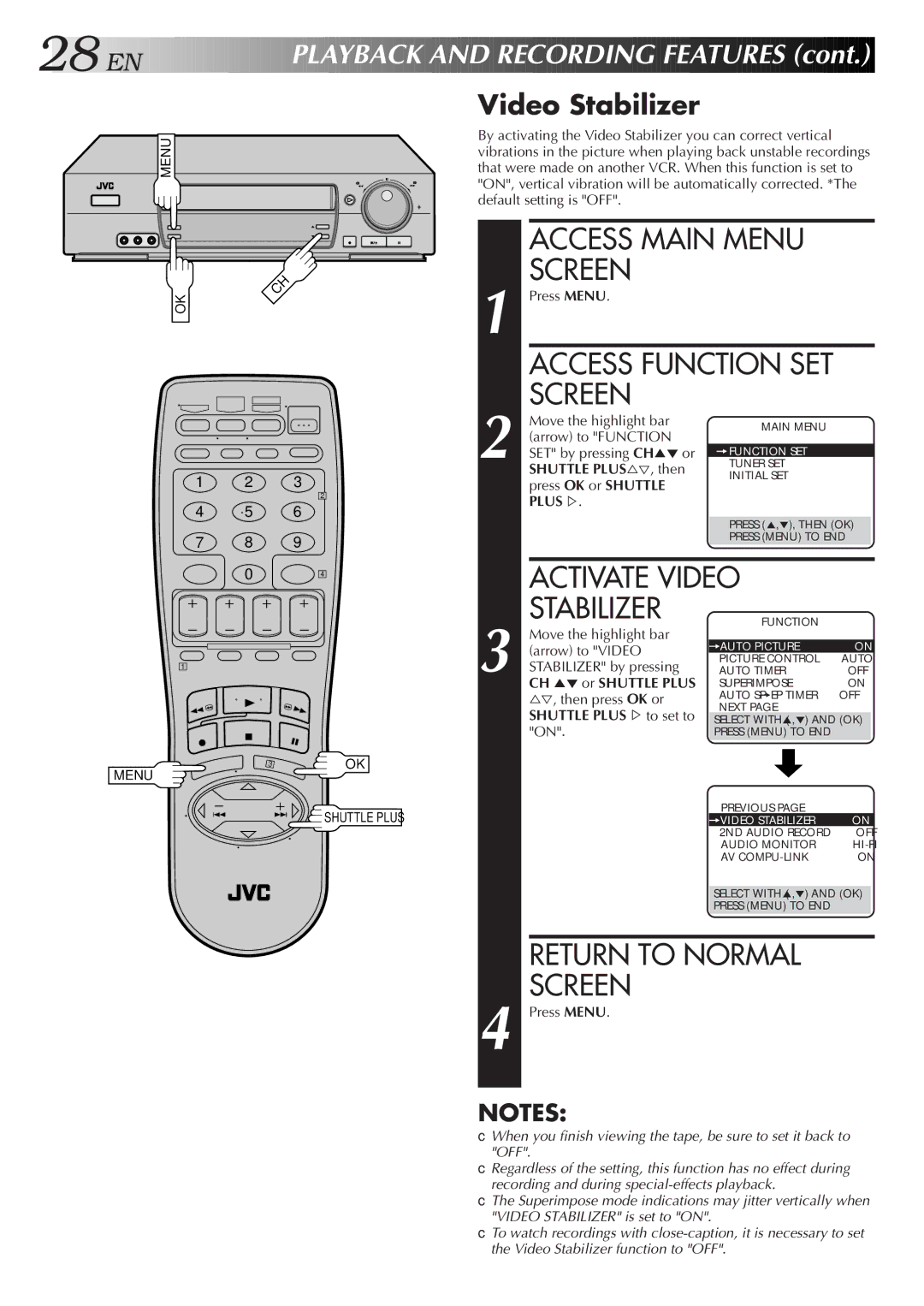 JVC HR-VP674U manual Video Stabilizer 