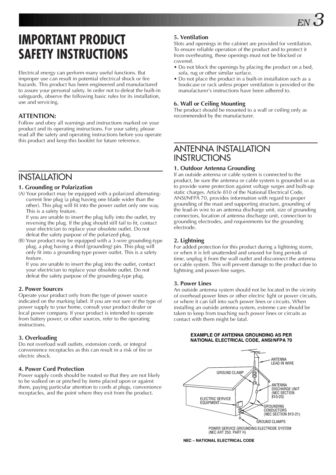 JVC HR-VP674U manual Grounding or Polarization, Power Sources, Overloading, Power Cord Protection, Ventilation, Lightning 