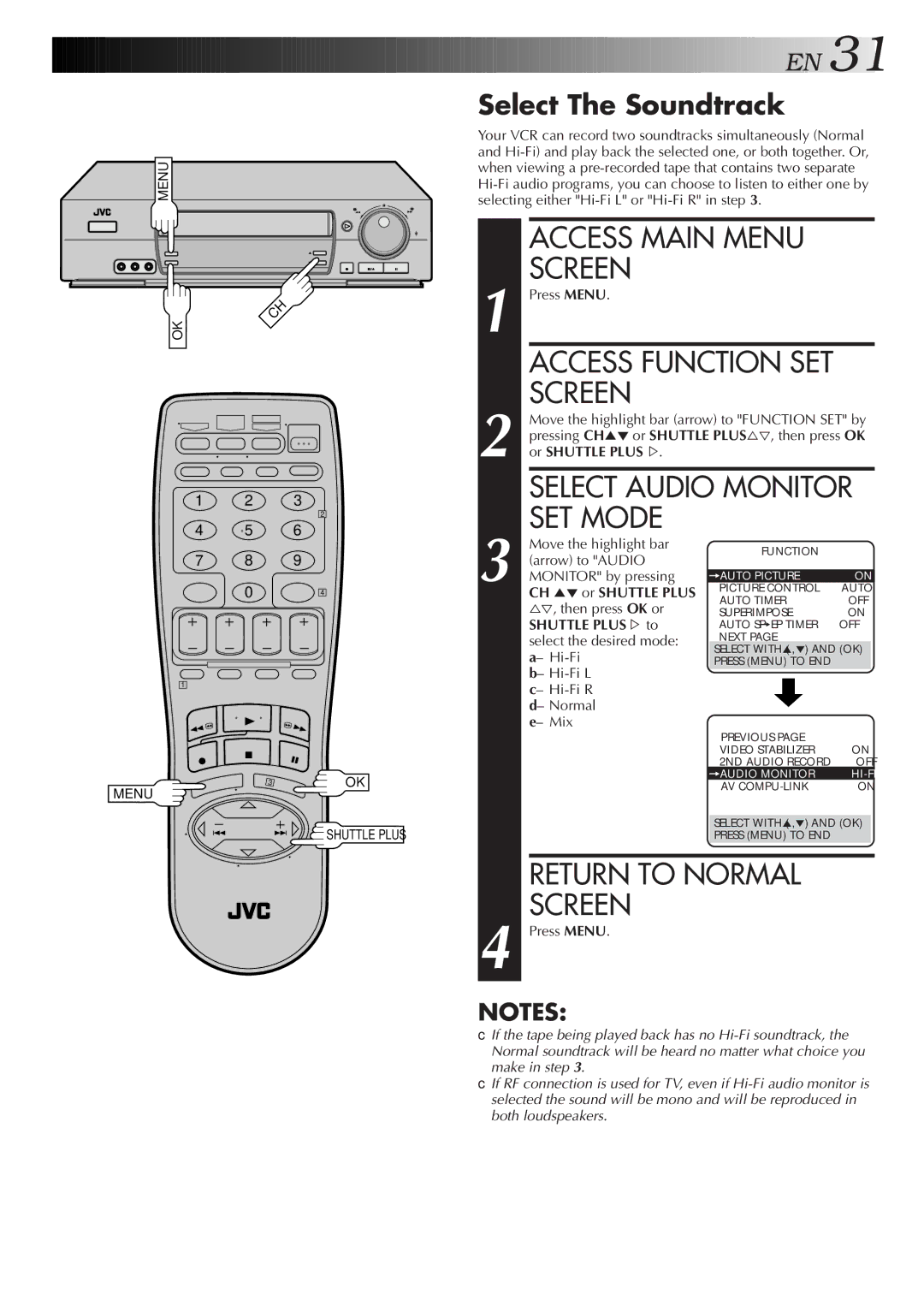 JVC HR-VP674U manual Select Audio Monitor, Select The Soundtrack, Shuttle PLUS%to 