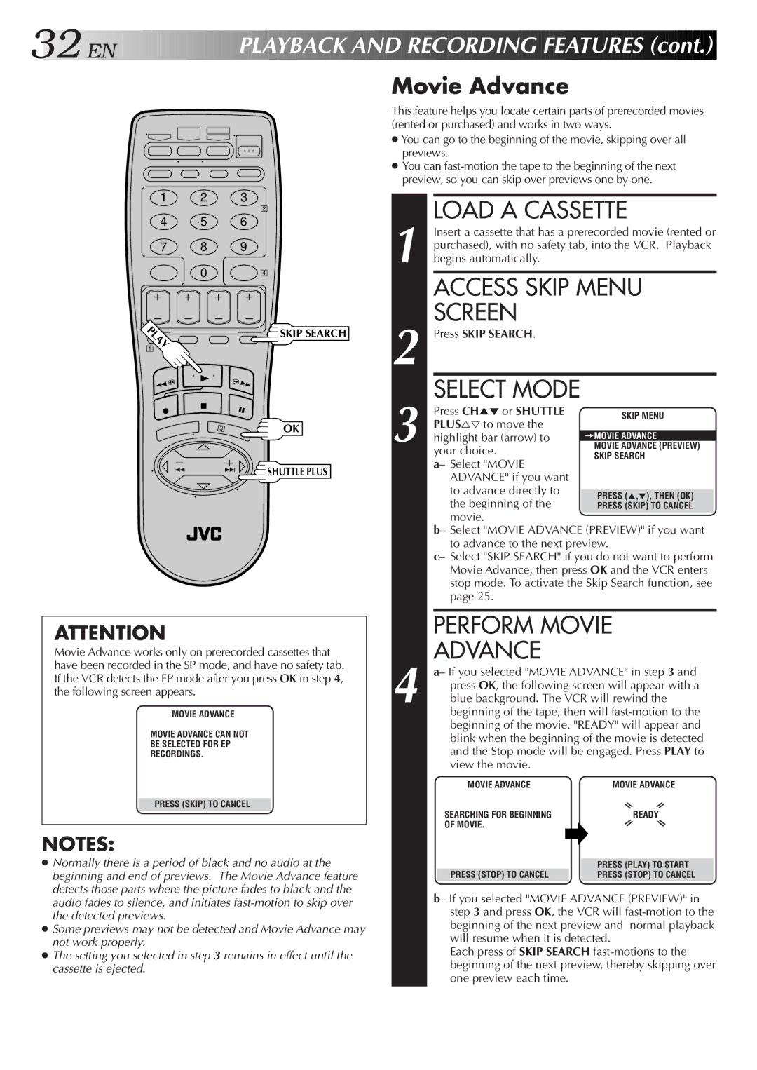 JVC HR-VP674U manual Access Skip Menu, Perform Movie, Movie Advance, Press Skip Search 