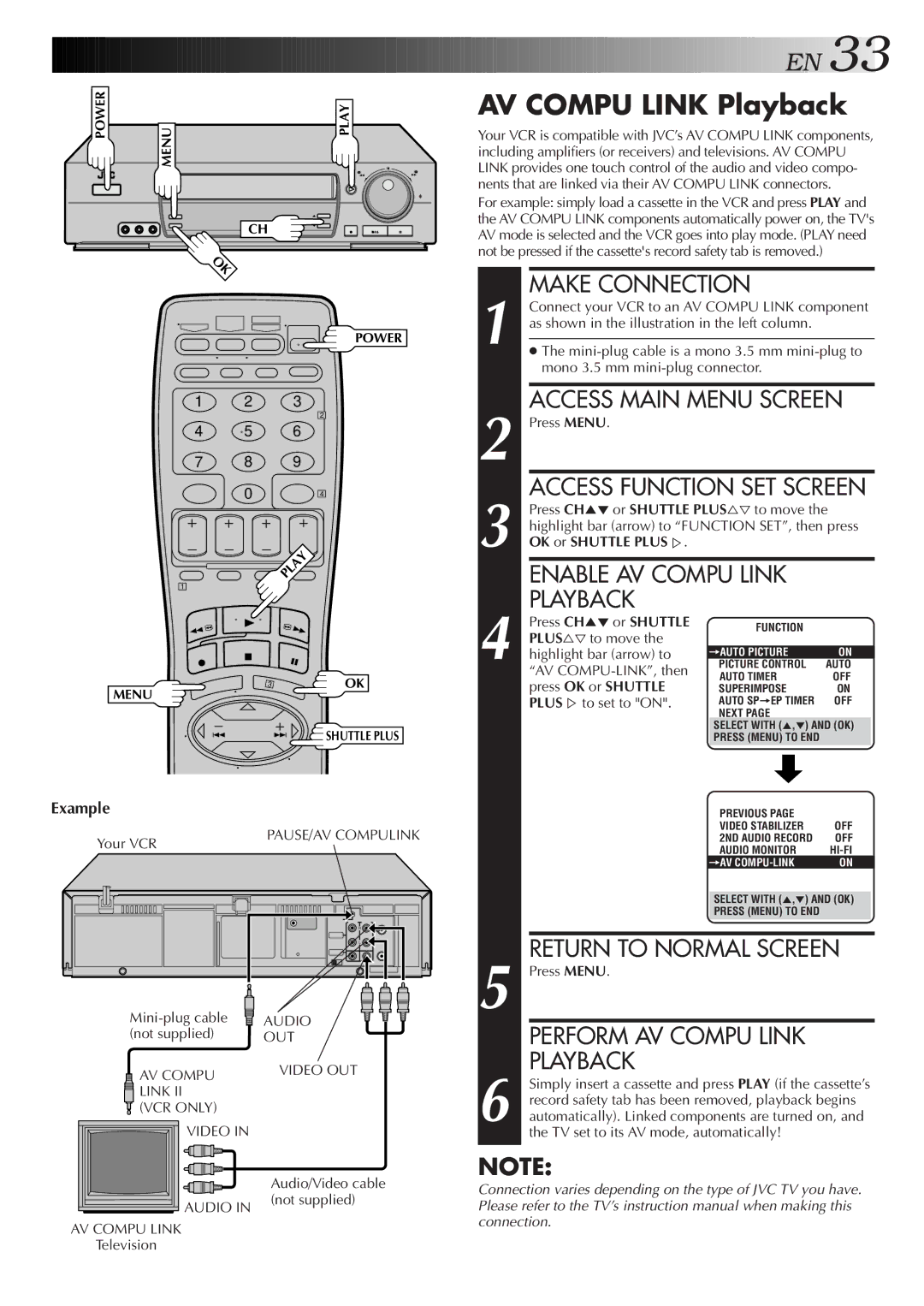 JVC HR-VP674U manual AV Compu Link Playback, Example, OK or Shuttle Plus %, PLUS%to set to on 