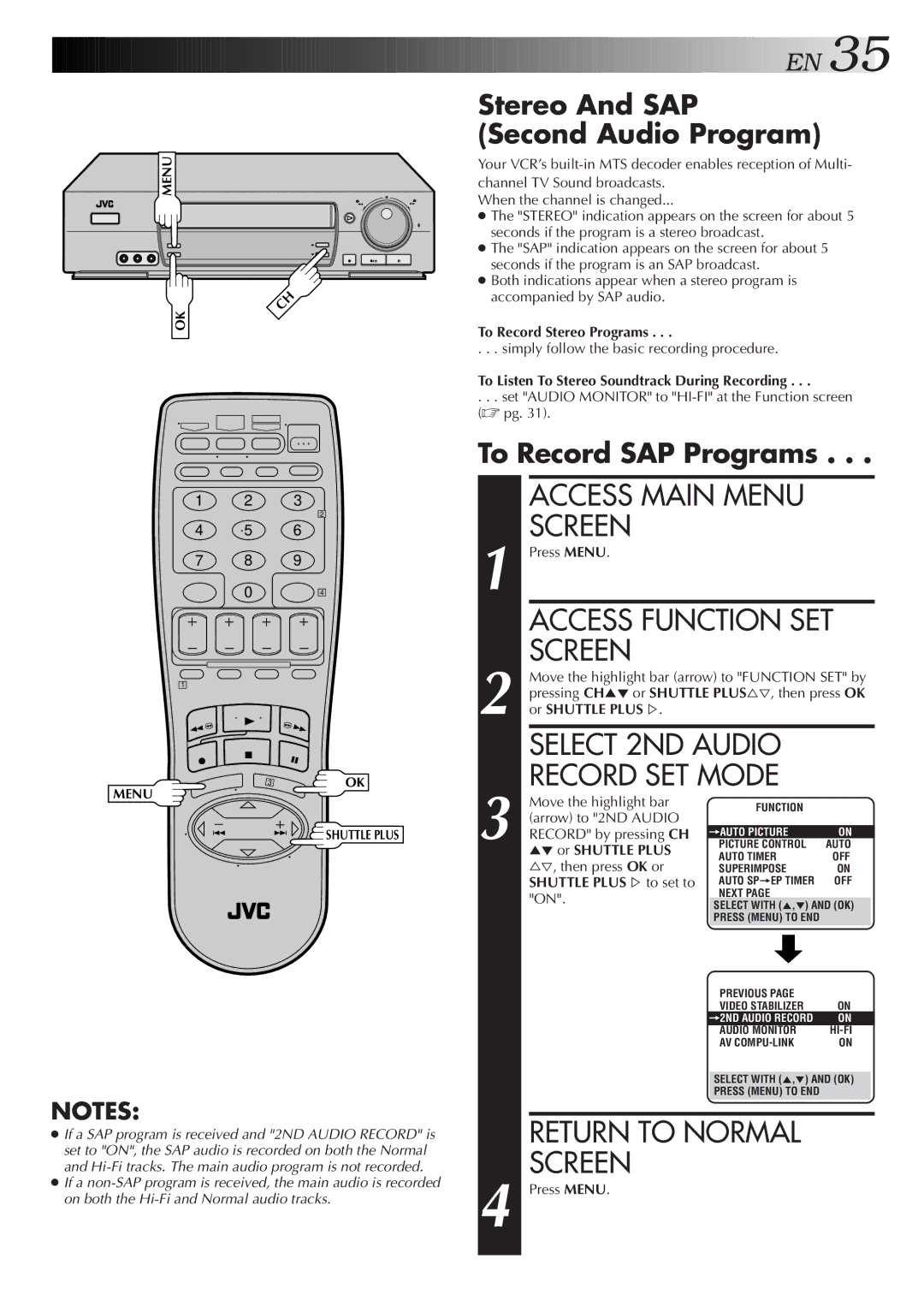 JVC HR-VP674U manual Stereo And SAP Second Audio Program, To Record SAP Programs 