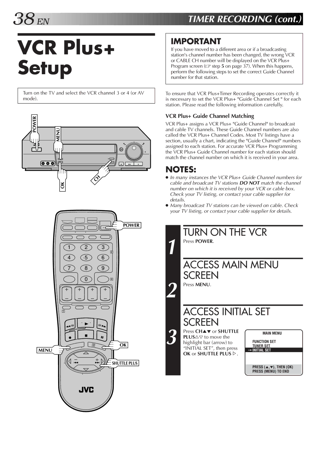 JVC HR-VP674U manual VCR Plus+ Setup, VCR Plus+ Guide Channel Matching, PLUS%Þ to move, Initial SET, then press 