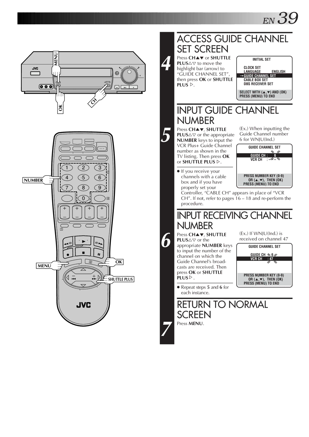 JVC HR-VP674U Access Guide Channel SET Screen, Input Guide Channel, Input Receiving Channel Number, Press CH5, Shuttle 