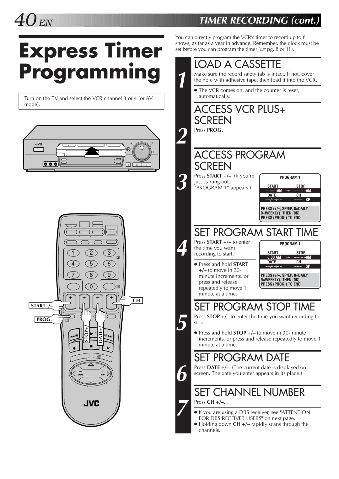 JVC HR-VP674U manual Express Timer Programming, SET Program Date, SET Channel Number 