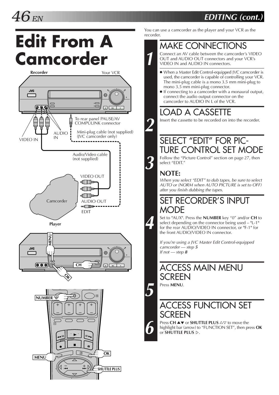 JVC HR-VP674U manual Edit From a Camcorder, Access Function SET Screen, Editing 