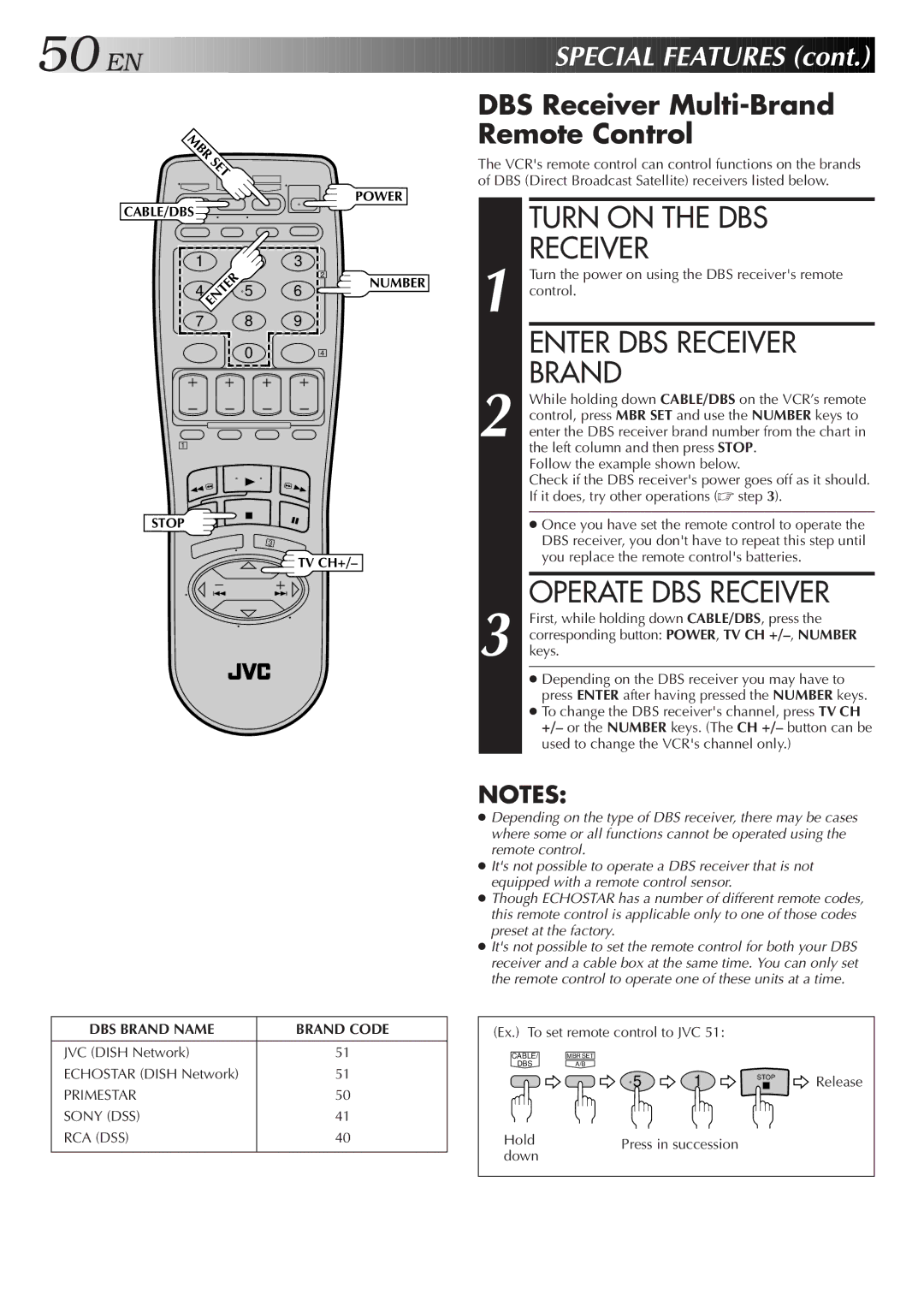 JVC HR-VP674U manual Turn on the DBS Receiver, Enter DBS Receiver Brand, Operate DBS Receiver, EN Special Features 