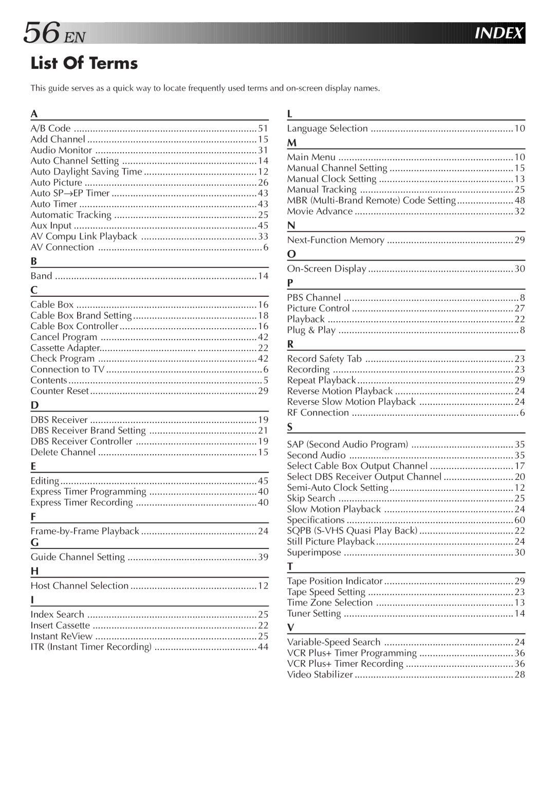 JVC HR-VP674U manual List Of Terms, Index, Express Timer Programming, MBR Multi-Brand Remote Code Setting 