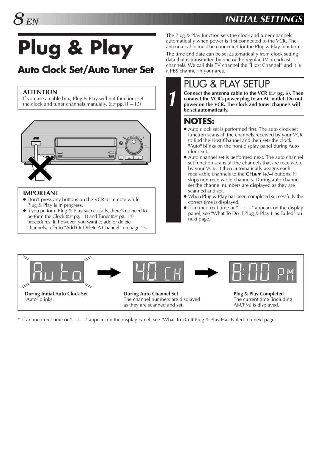 JVC HR-VP674U manual Plug & Play Setup, EN I Nitial Sett Ings, Auto Clock Set/Auto Tuner Set 