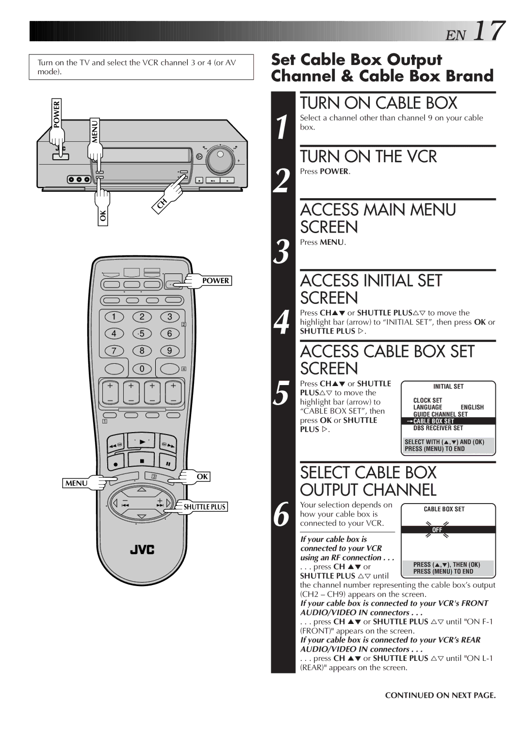 JVC HR-VP675U manual Turn on Cable BOX, Access Cable BOX SET, Set Cable Box Output Channel & Cable Box Brand, Plus % 