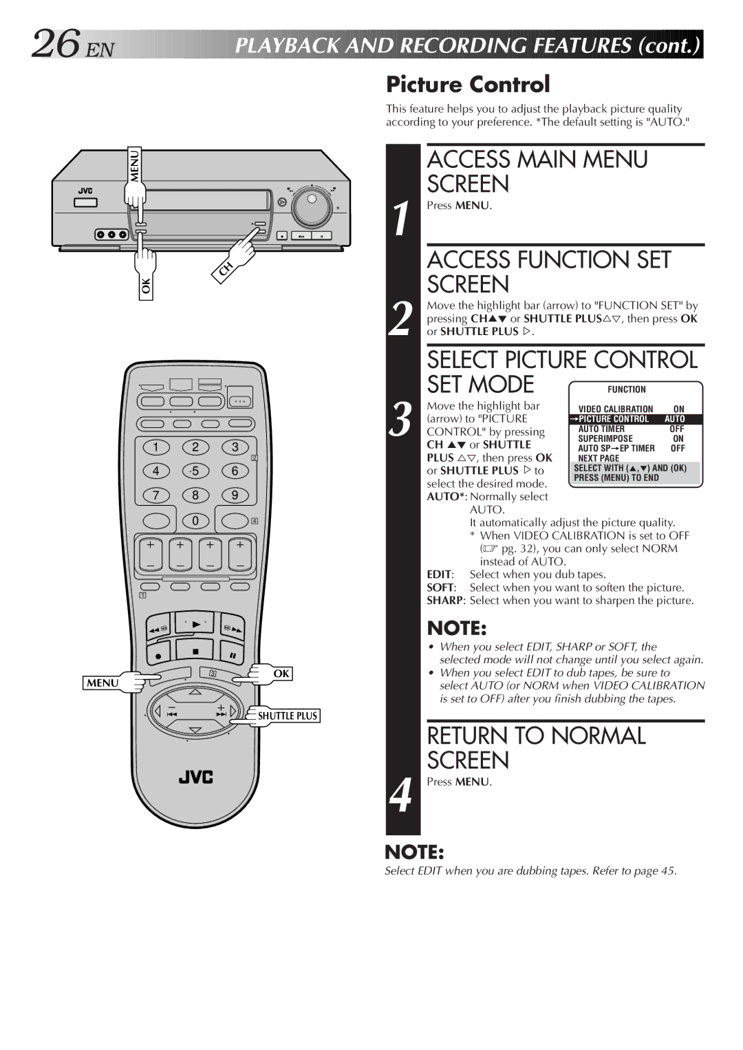 JVC HR-VP675U manual Access Function SET, SET Mode, Layback and Recording Features, Picture Control 