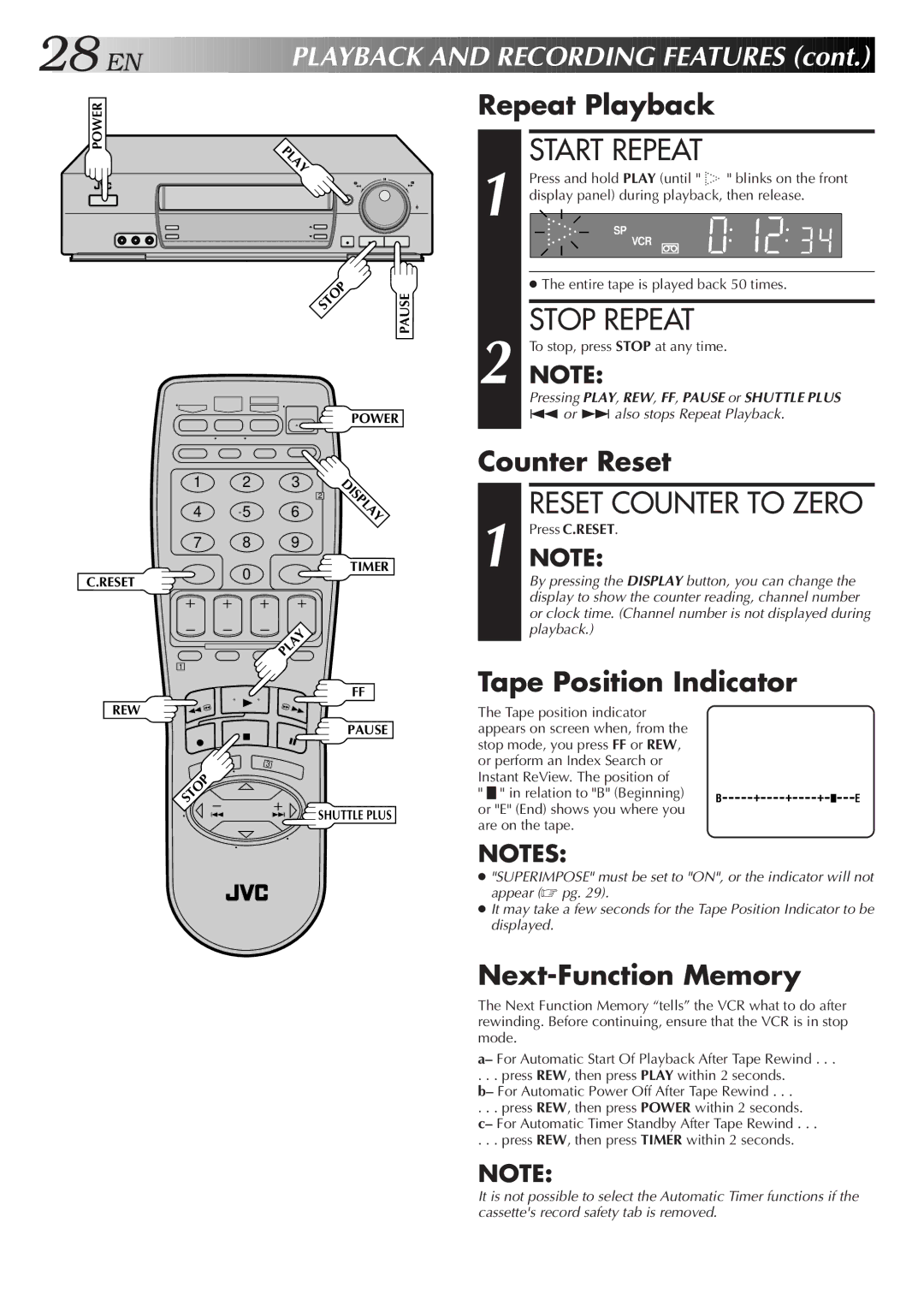 JVC HR-VP675U manual Start Repeat, Stop Repeat 