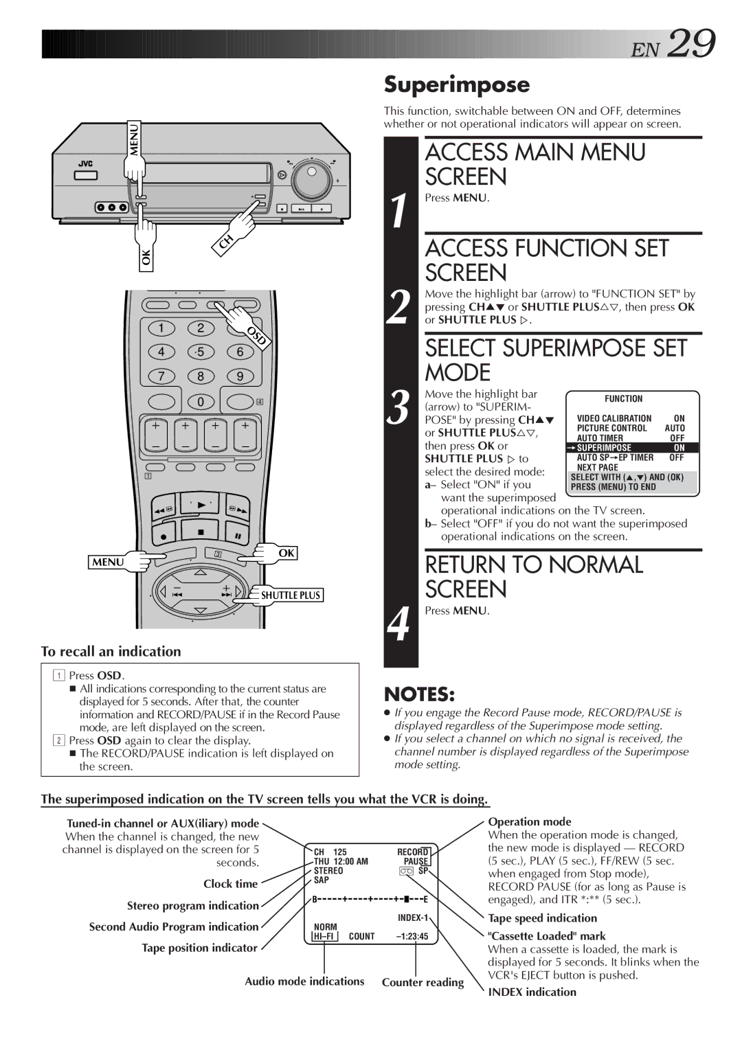 JVC HR-VP675U manual Access Function SET Screen, Select Superimpose SET Mode 