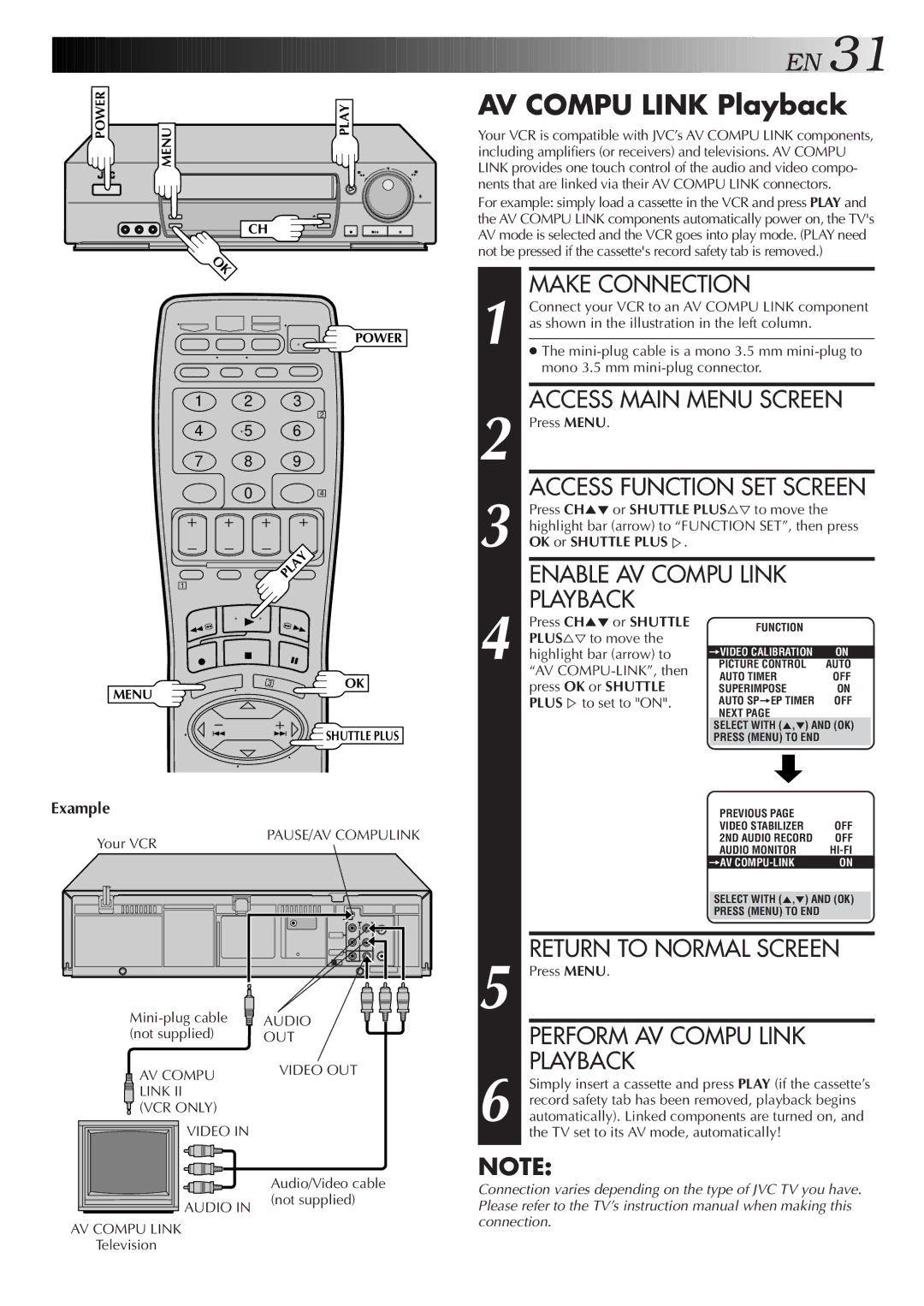 JVC HR-VP675U manual AV Compu Link Playback, Example, OK or Shuttle Plus %, PLUS%to set to on 