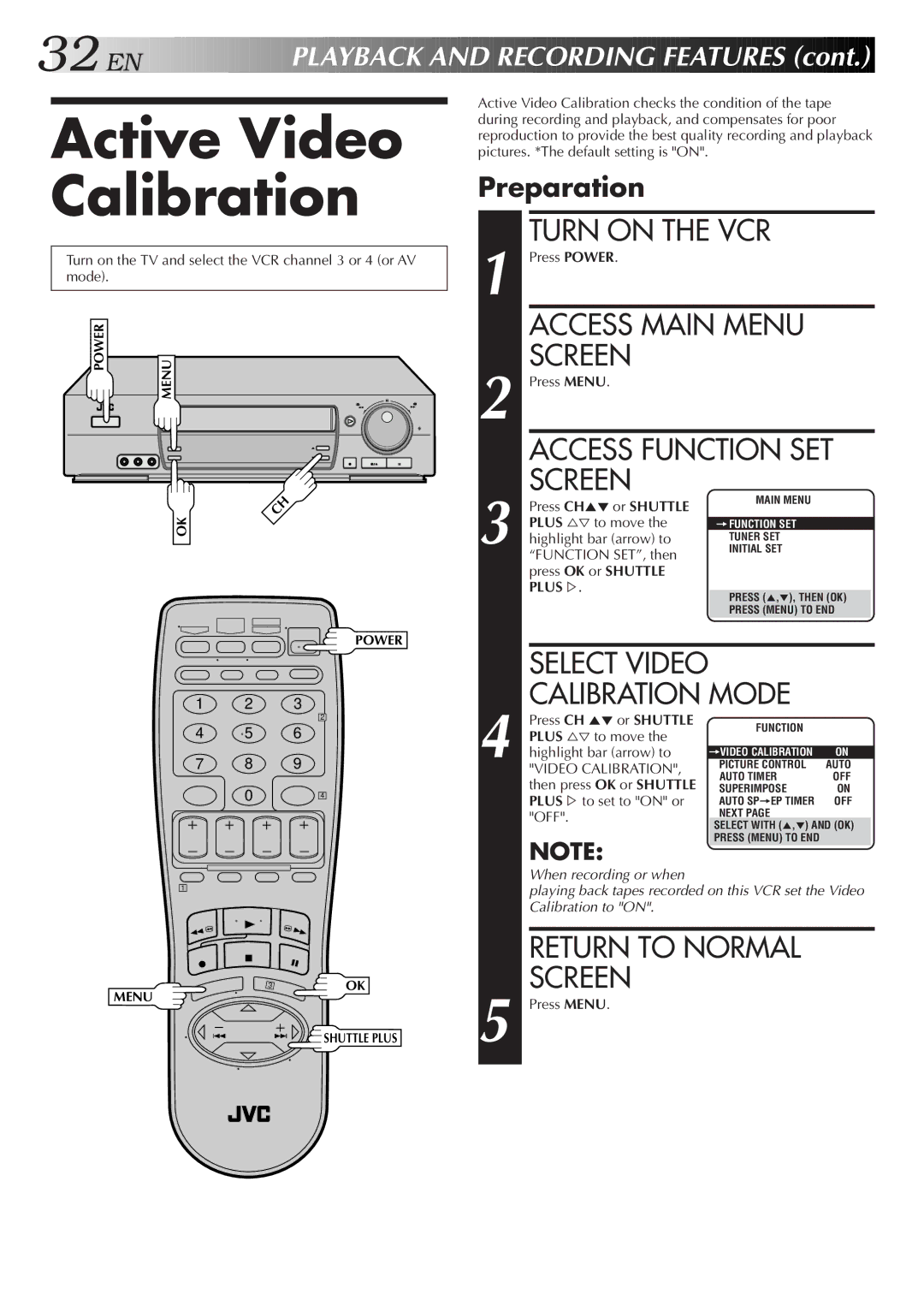 JVC HR-VP675U manual Active Video Calibration 