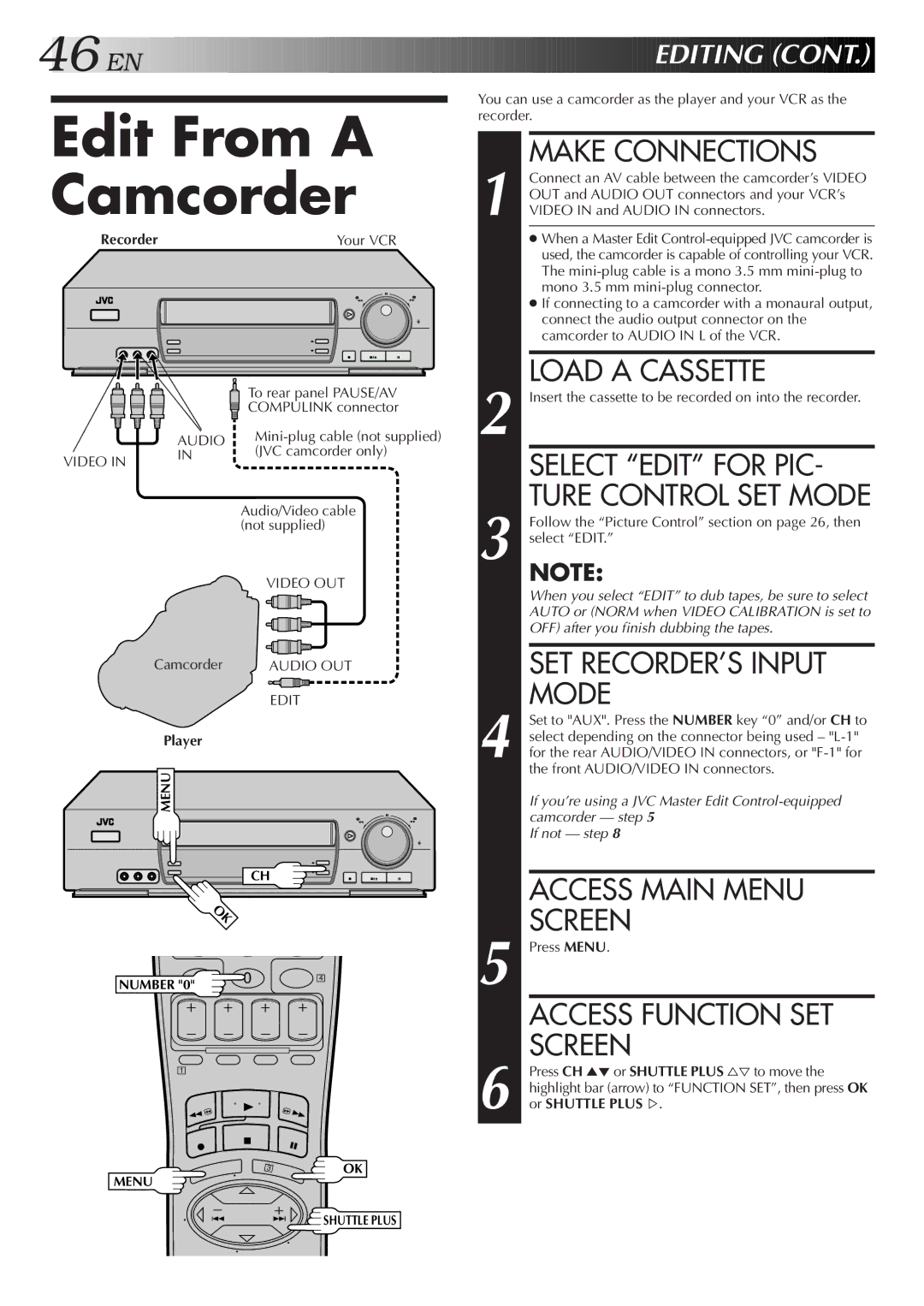 JVC HR-VP675U manual Edit From a Camcorder, Editing 