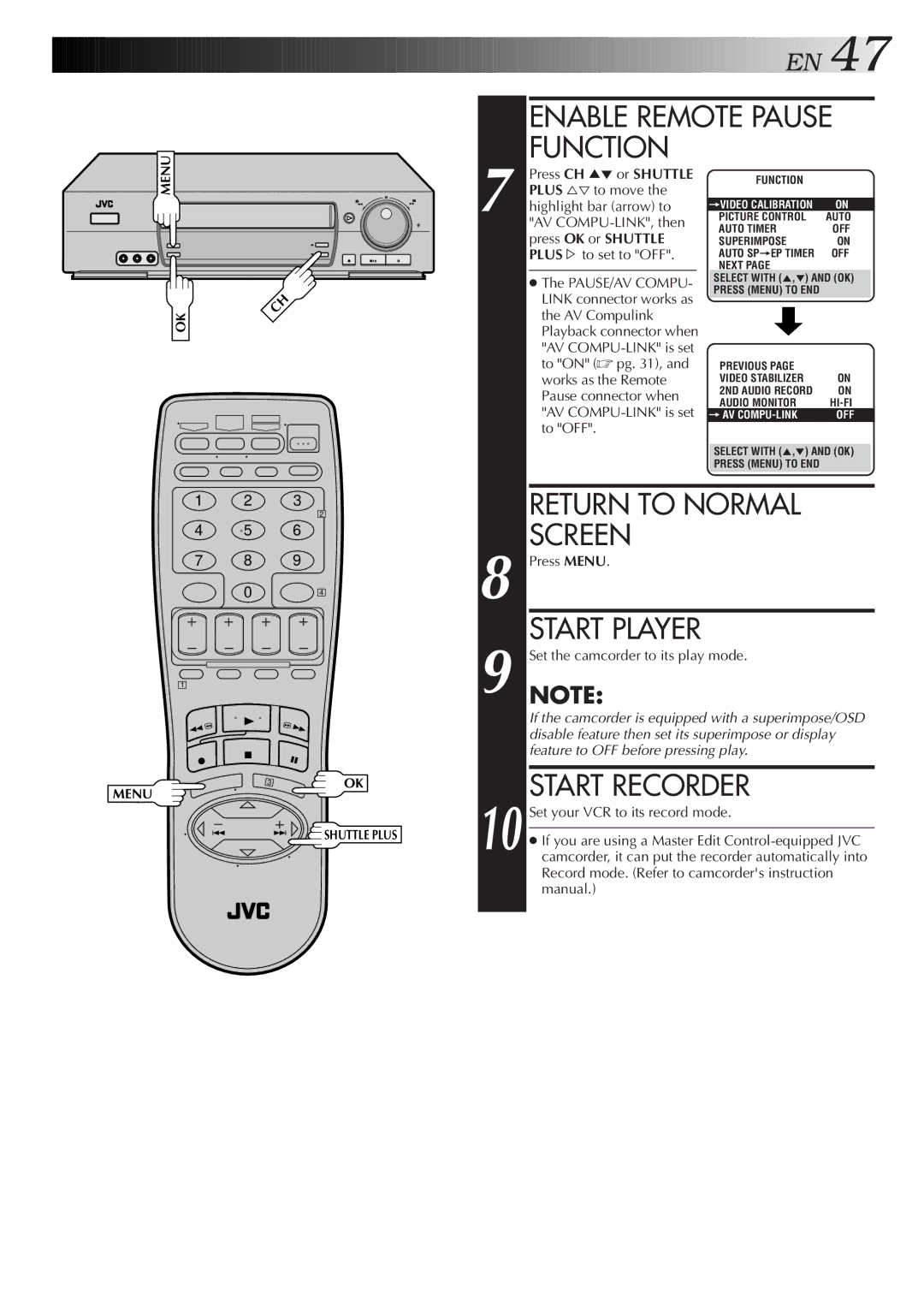 JVC HR-VP675U manual Enable Remote Pause Function 