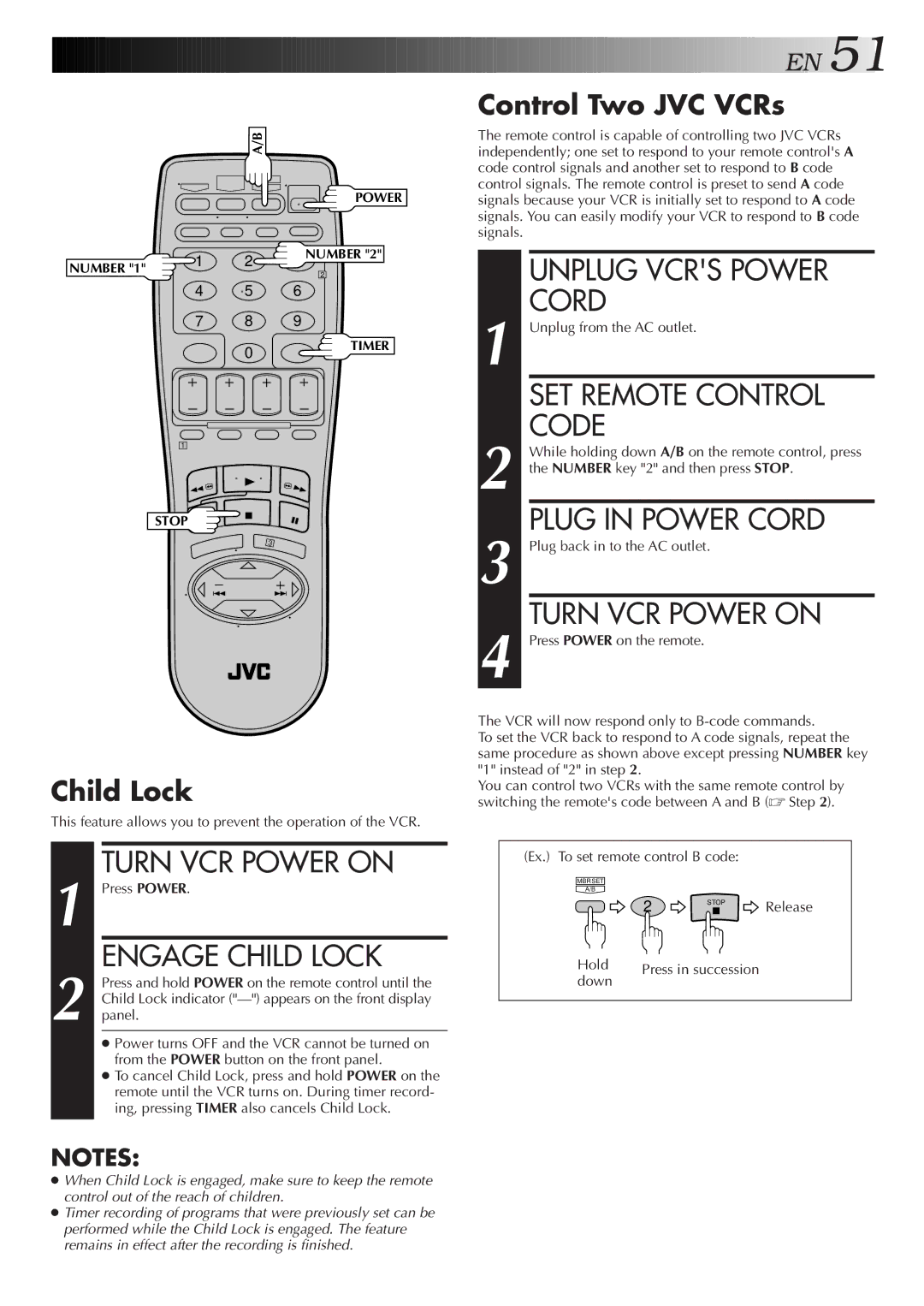 JVC HR-VP675U Unplug Vcrs Power, SET Remote Control, Code, Plug in Power Cord, Turn VCR Power on, Engage Child Lock 