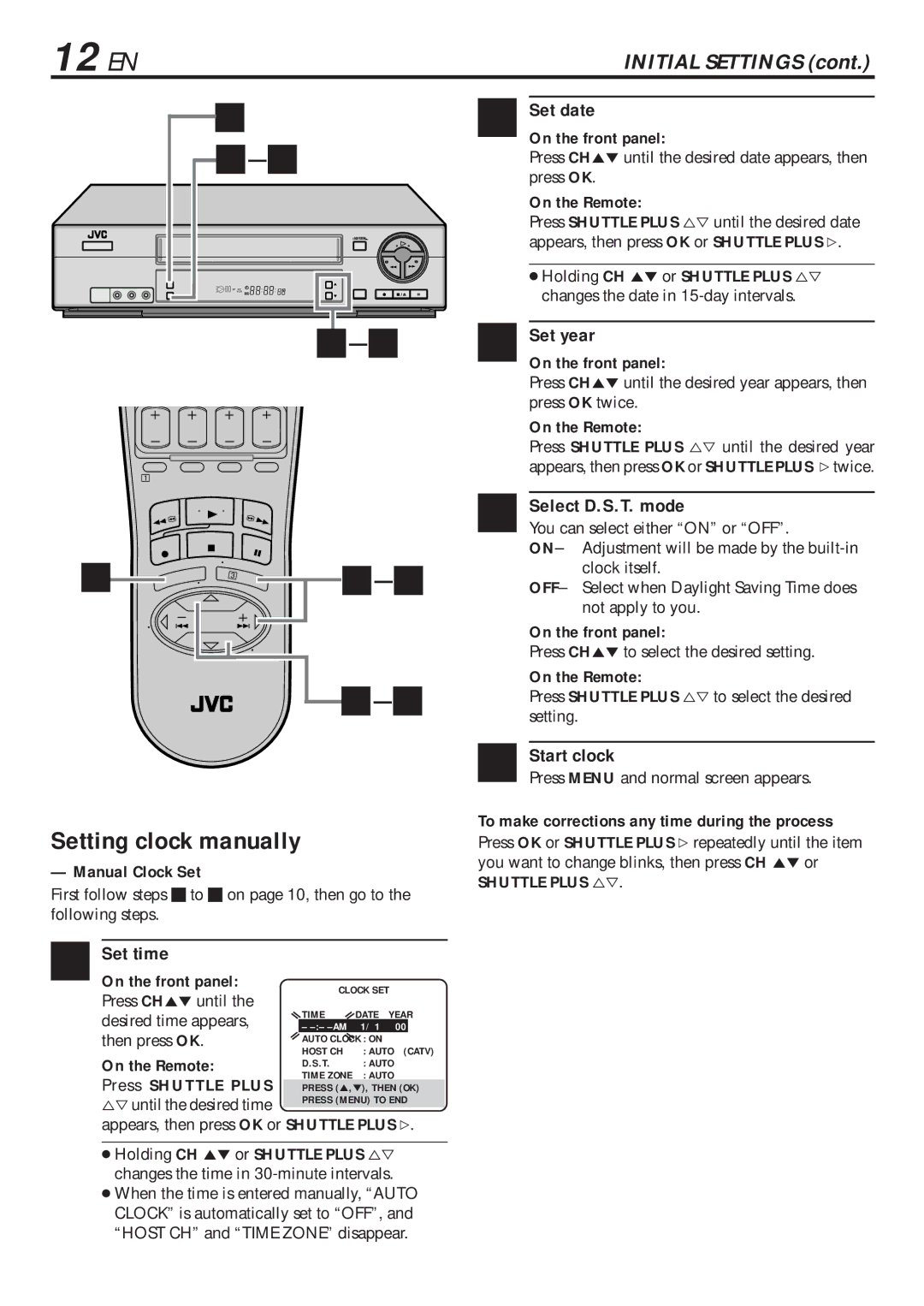 JVC HR-VP680U 12 EN, Setting clock manually, Select D.S.T. mode, Manual Clock Set 