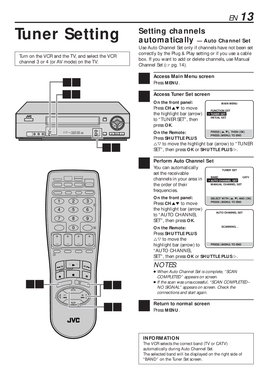 JVC HR-VP680U manual Tuner Setting, Access Tuner Set screen, Perform Auto Channel Set, Automatically Auto Channel Set 