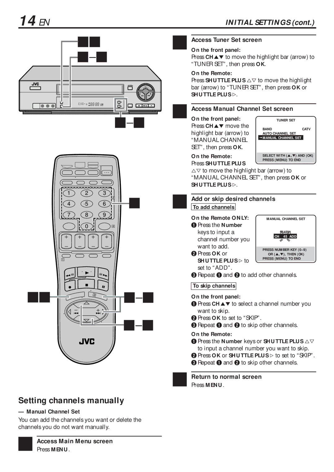 JVC HR-VP680U 14 EN, Setting channels manually, Access Manual Channel Set screen, Add or skip desired channels 