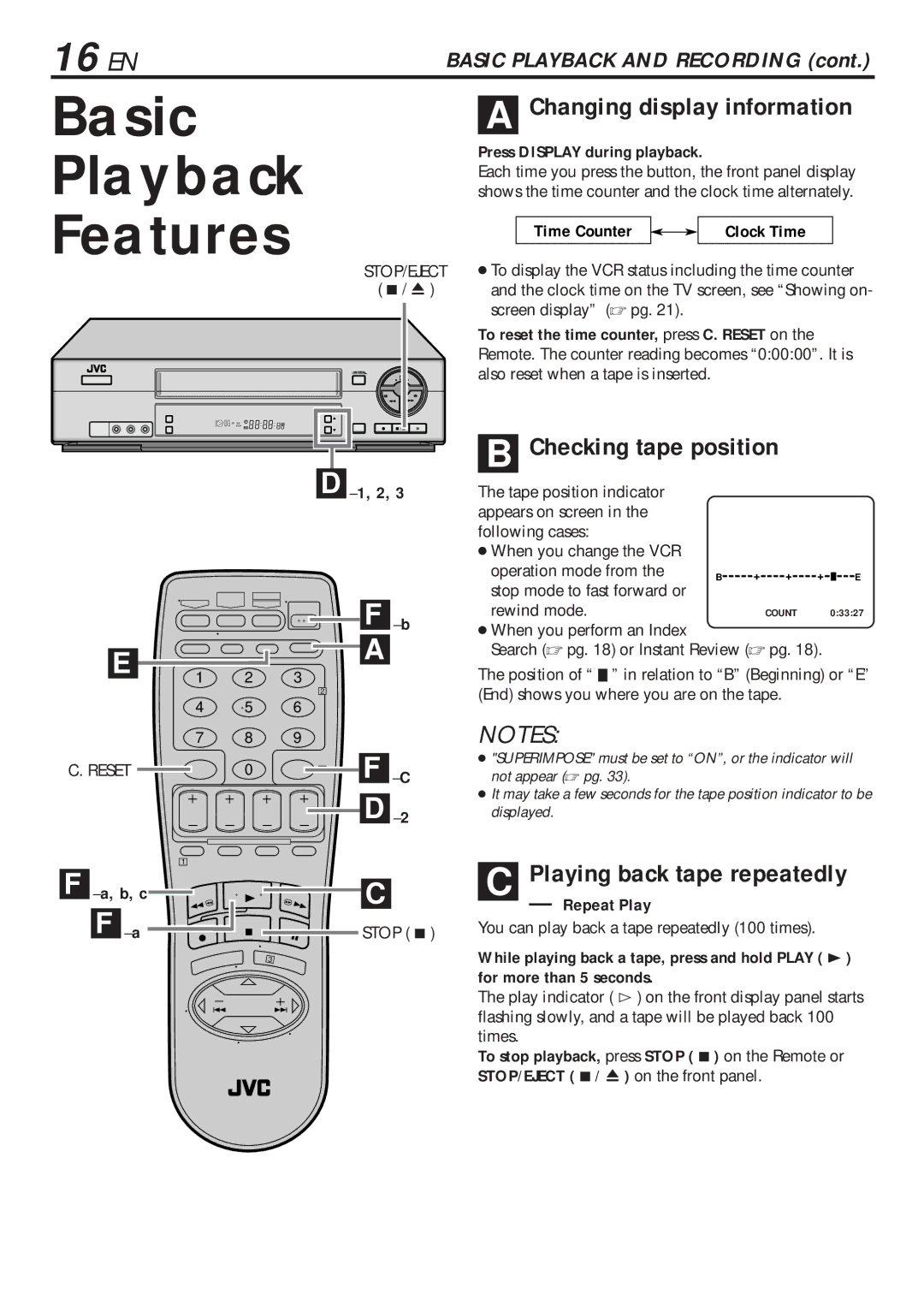 JVC HR-VP680U manual Basic Playback Features, 16 EN, Changing display information, Checking tape position 