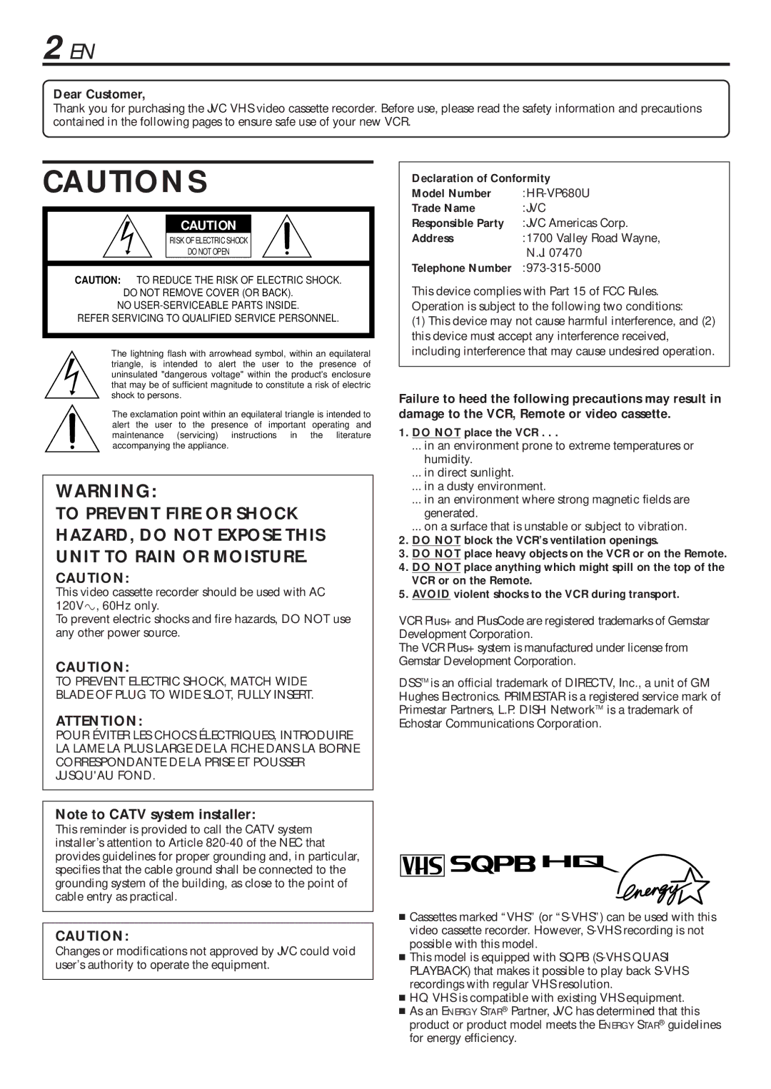 JVC HR-VP680U manual Dear Customer, Telephone Number 